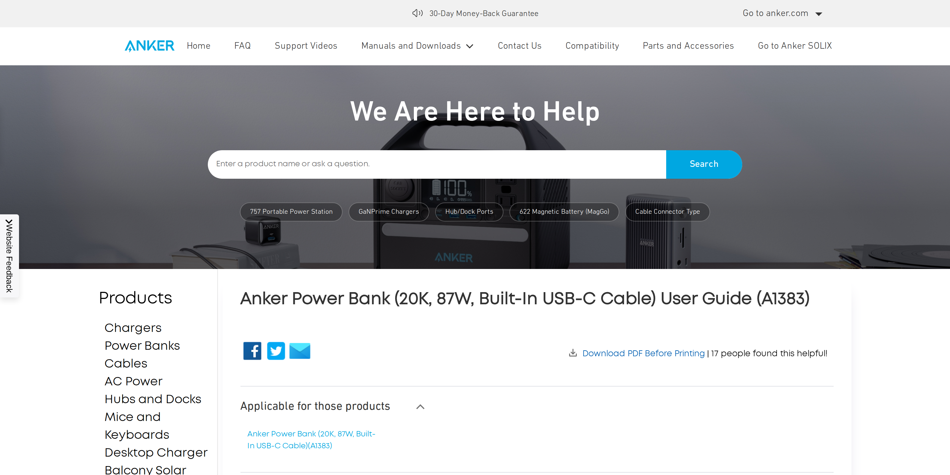 The Anker support page hosting the official user guide for the A1383 power bank