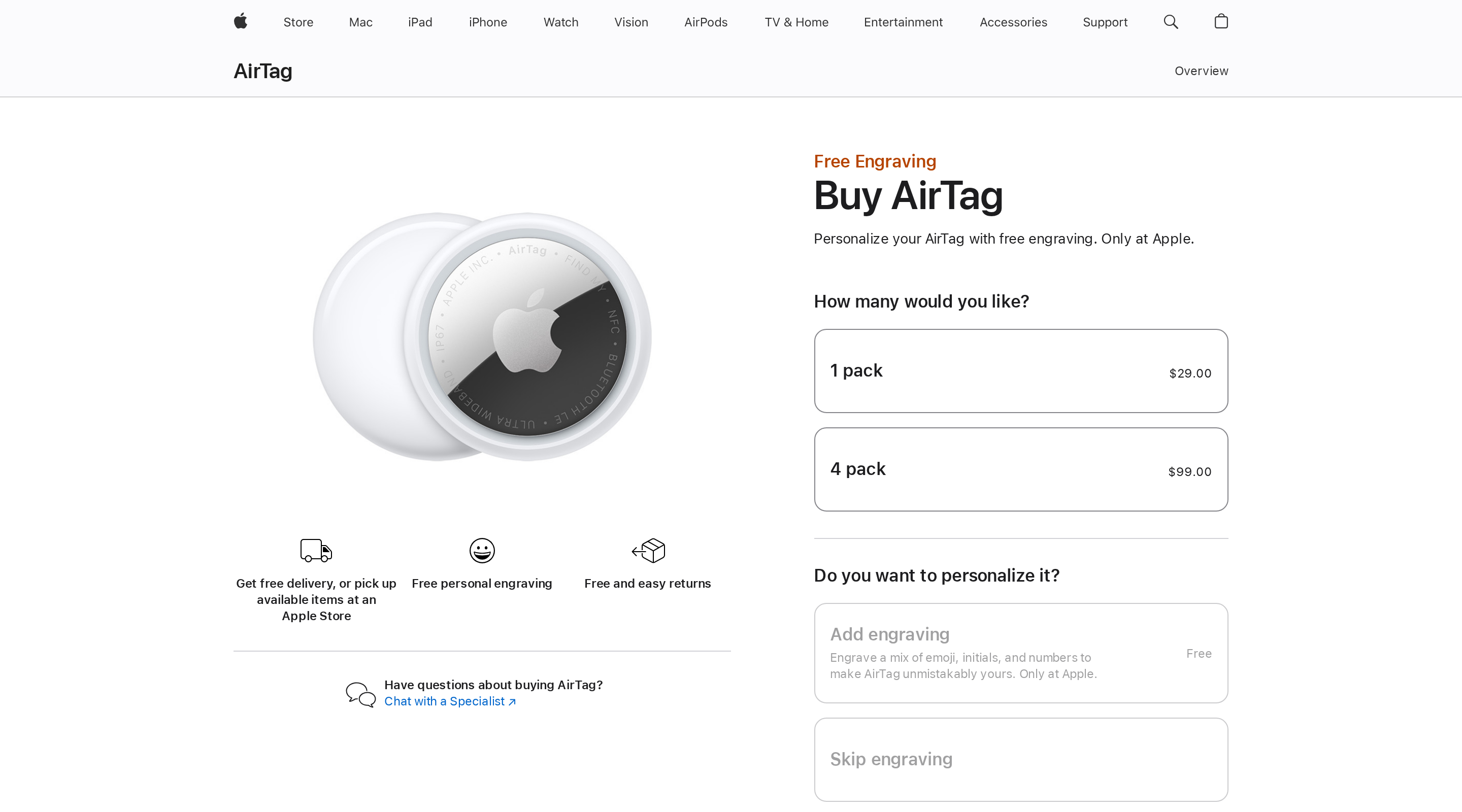 Apple online store buy page showing AirTag pricing and personalization options