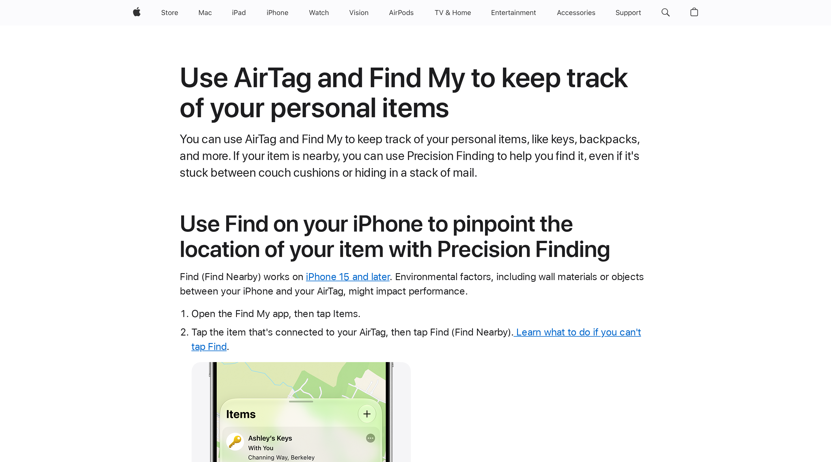 Find My app support page showing the Items tab with a tracked AirTag