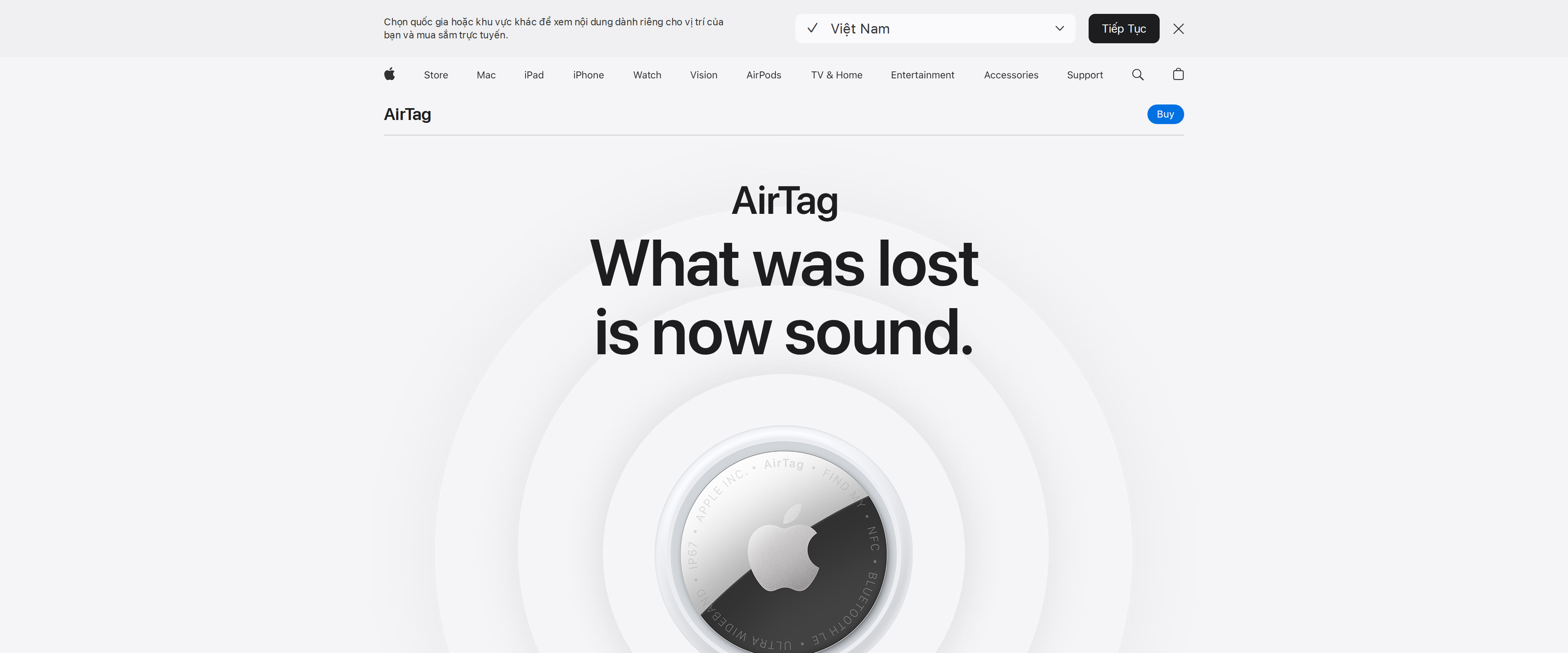 Apple AirTag product page headline reading What was lost is now sound