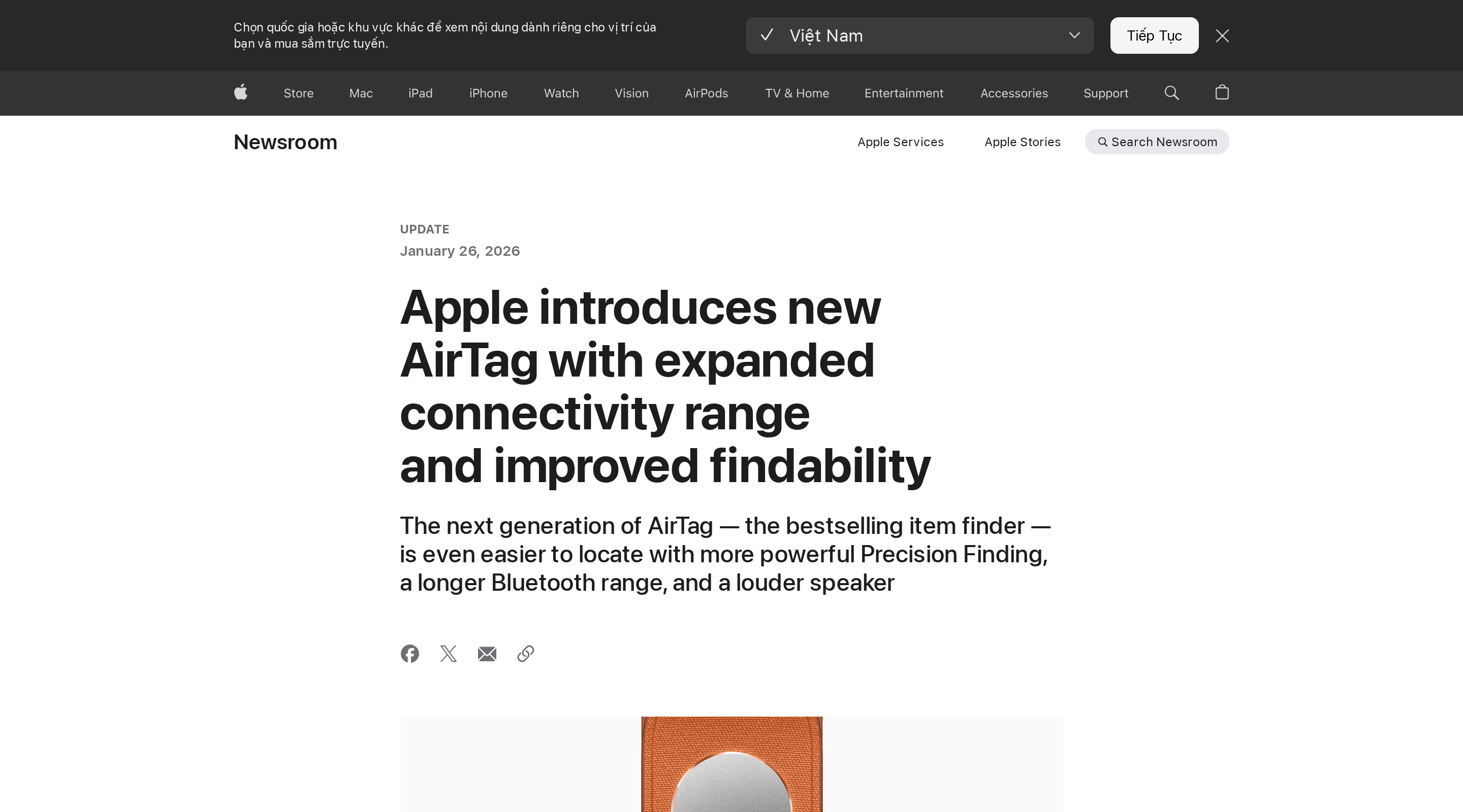 Apple press release announcing the new AirTag with expanded connectivity range