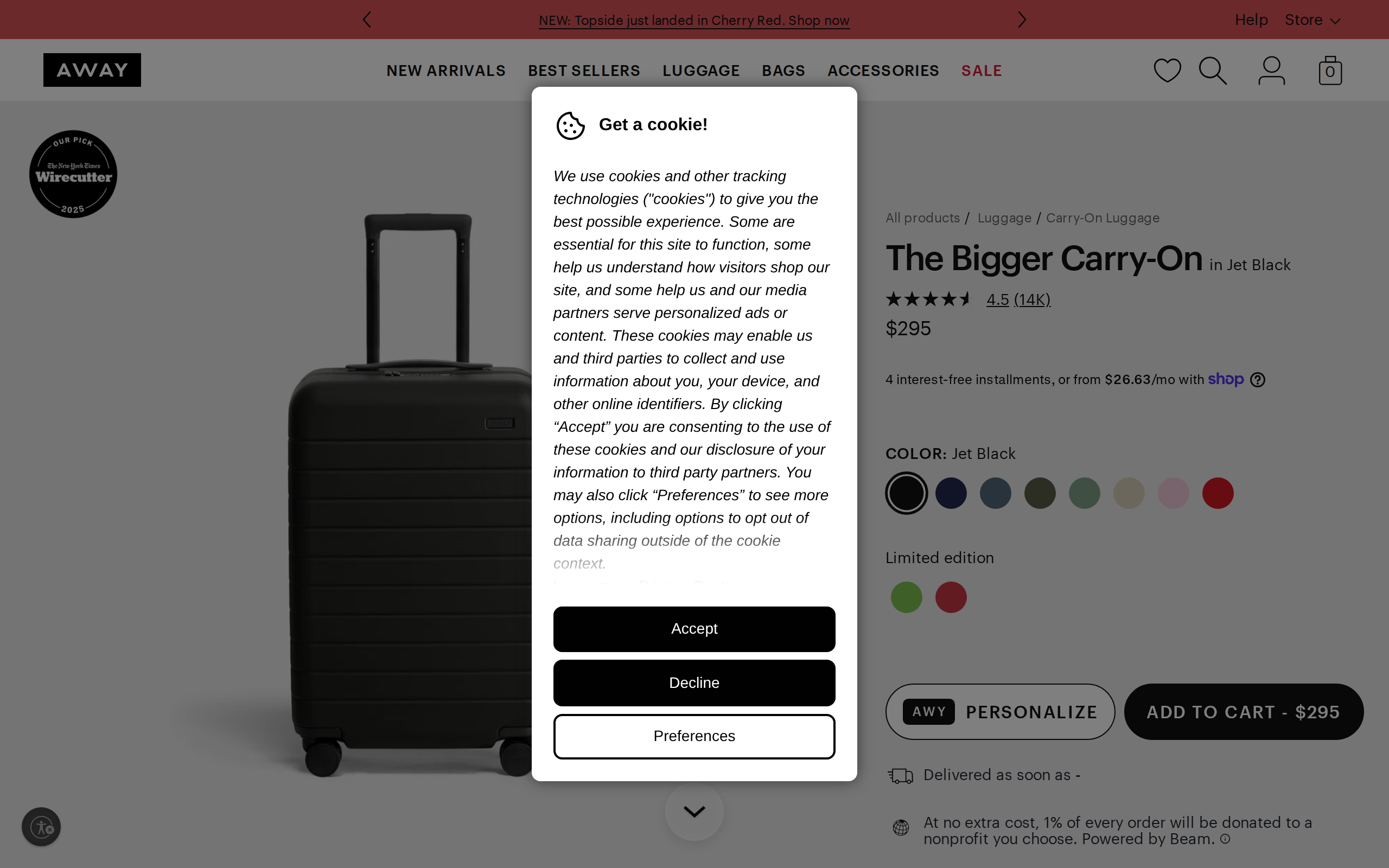 Away standard Bigger Carry-On product page in Jet Black priced at $295