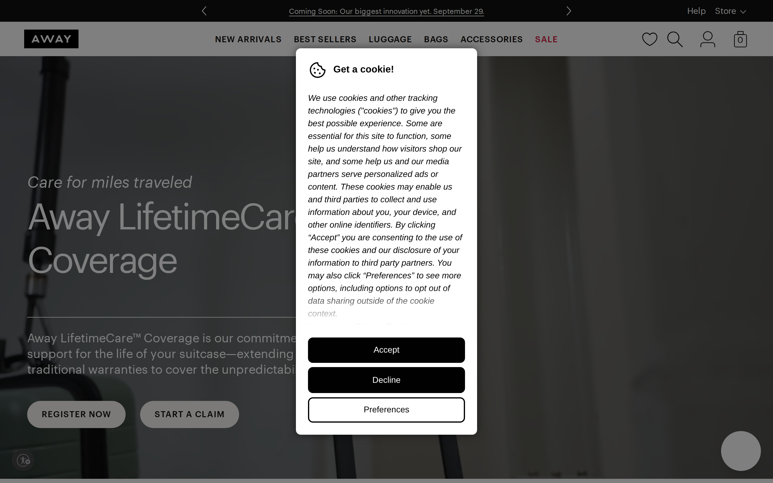 Away LifetimeCare Coverage page describing repair and replacement support for the life of the suitcase