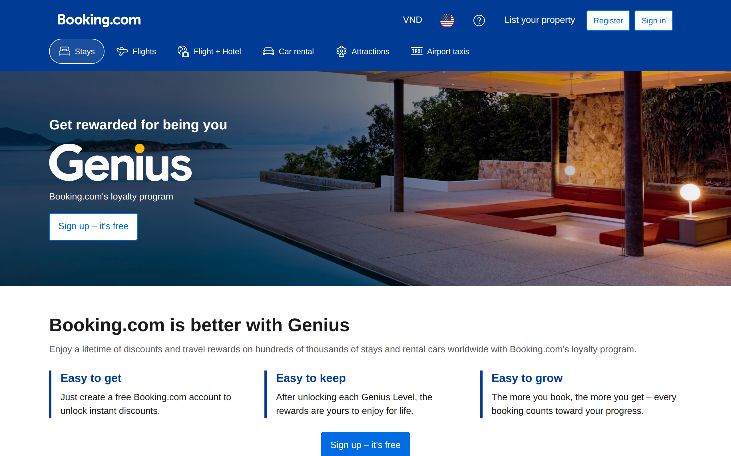 Booking.com Genius loyalty program page showing the tier structure under Easy to get, Easy to keep, Easy to grow