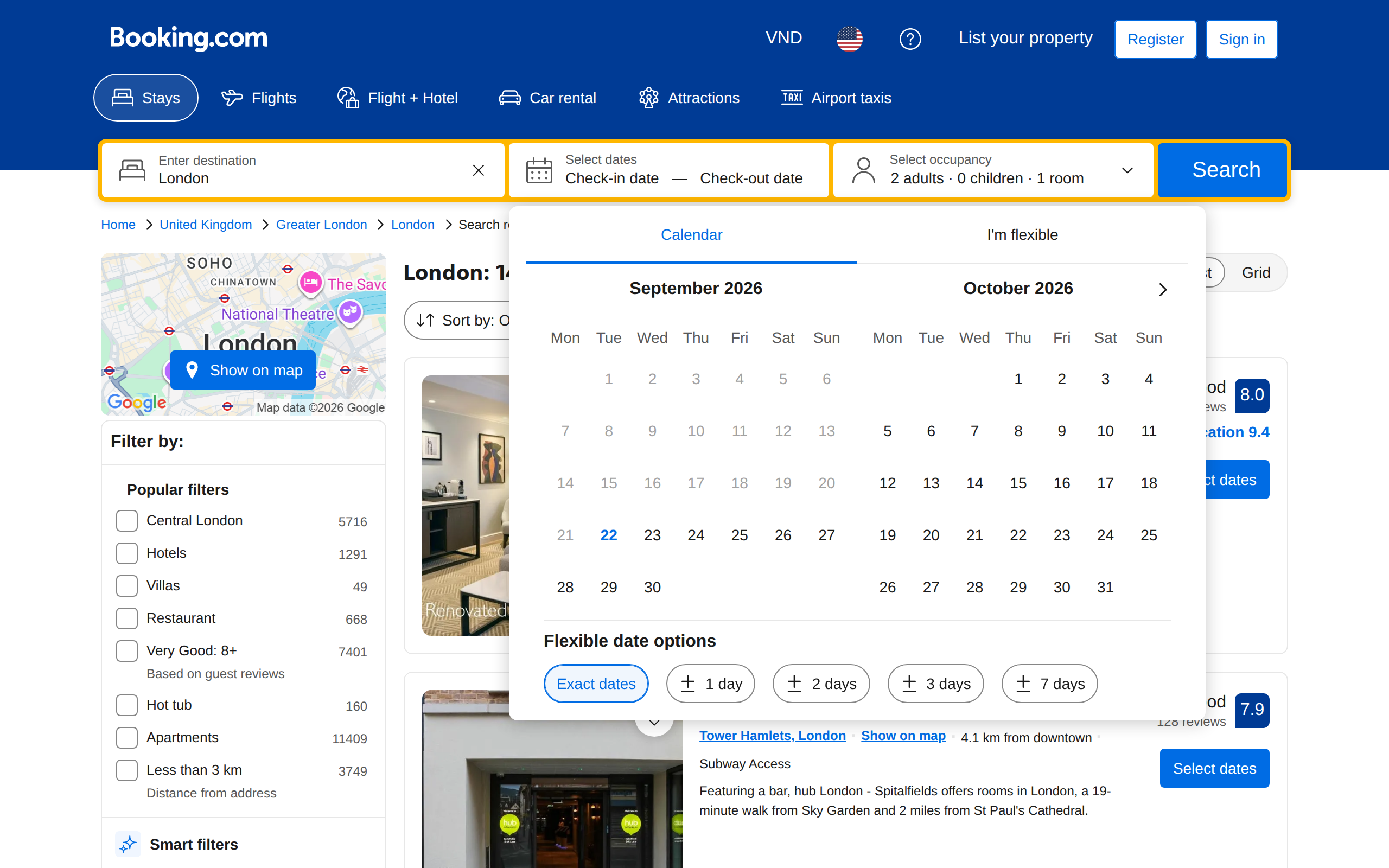 Booking.com search results for London showing filters and hotel listings with photos and prices