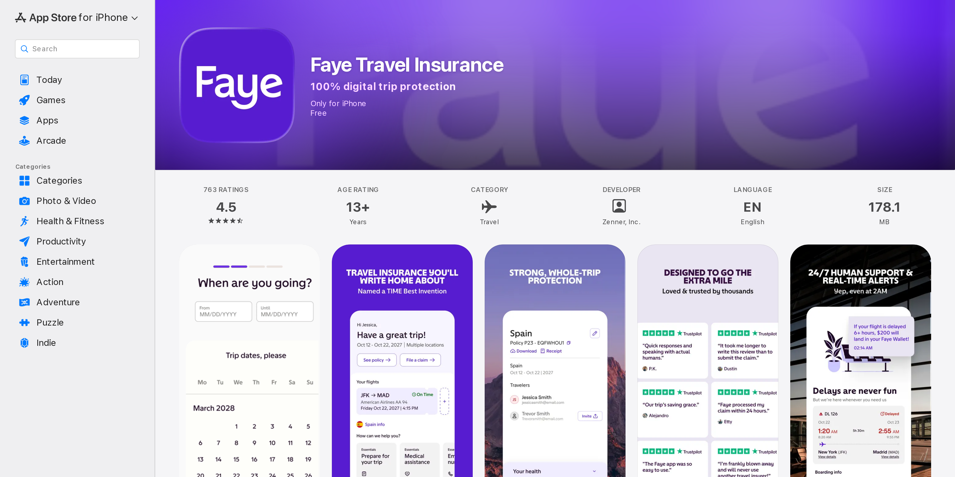 The App Store listing for Faye Travel Insurance showing its icon and three screenshots