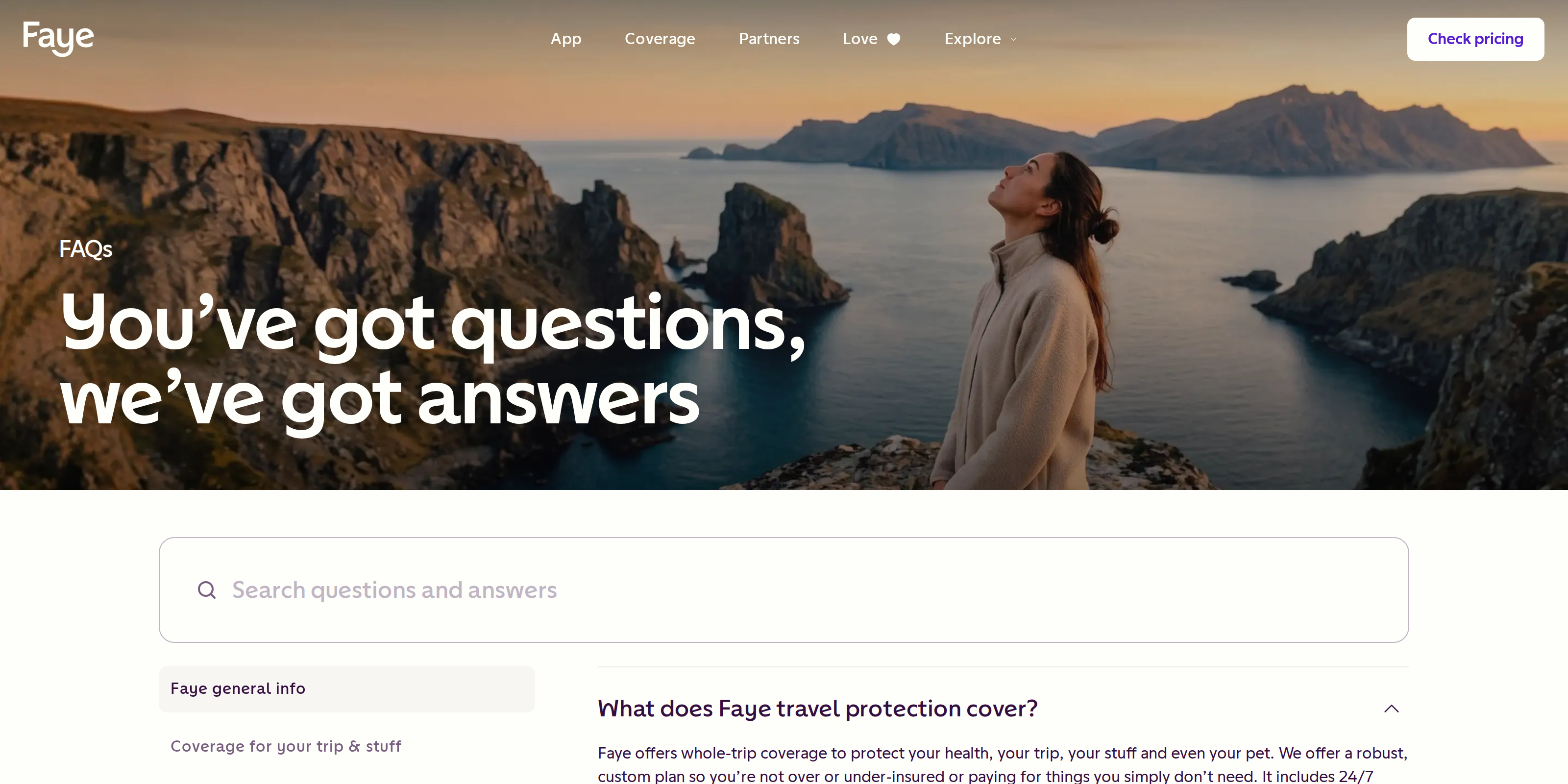 Faye's app FAQ page answering common questions about coverage and claims