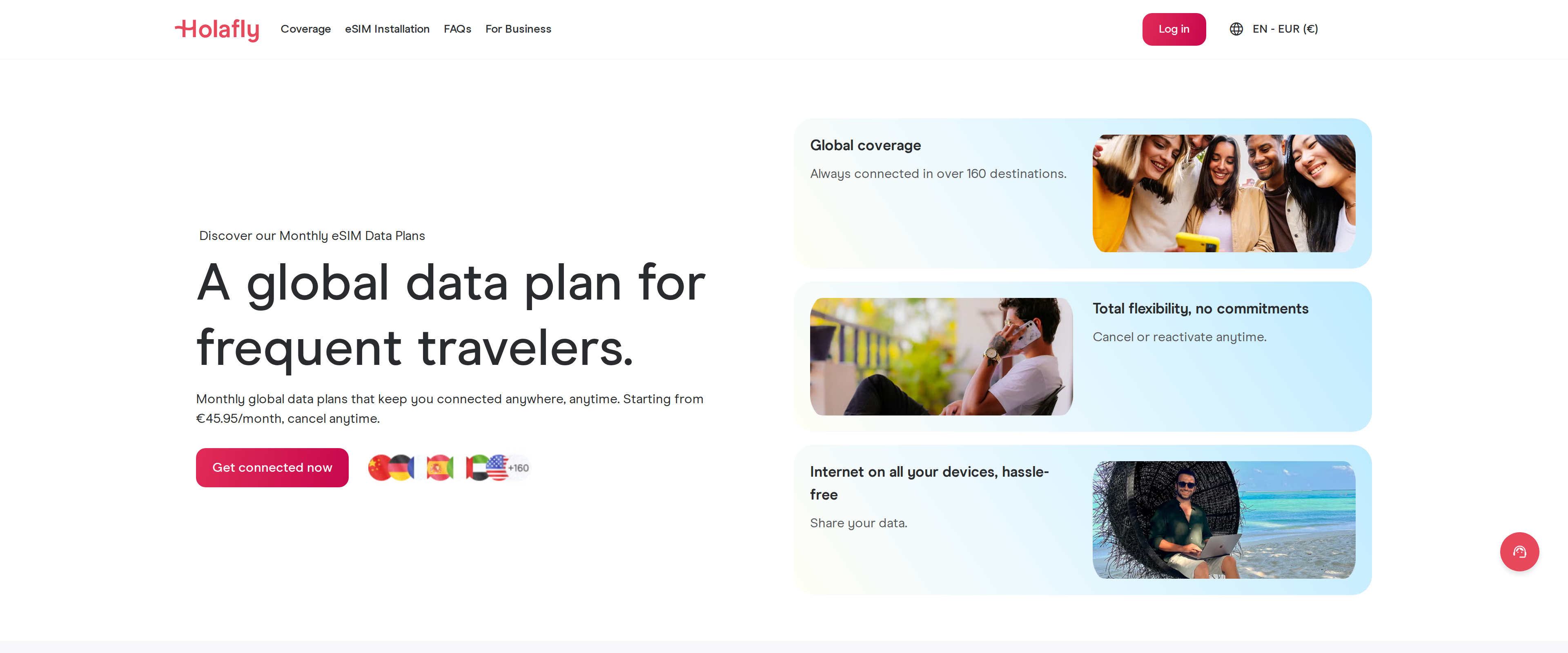 Holafly's monthly eSIM data plans page, starting from 45.95 euros per month, cancel anytime, covering 160+ destinations