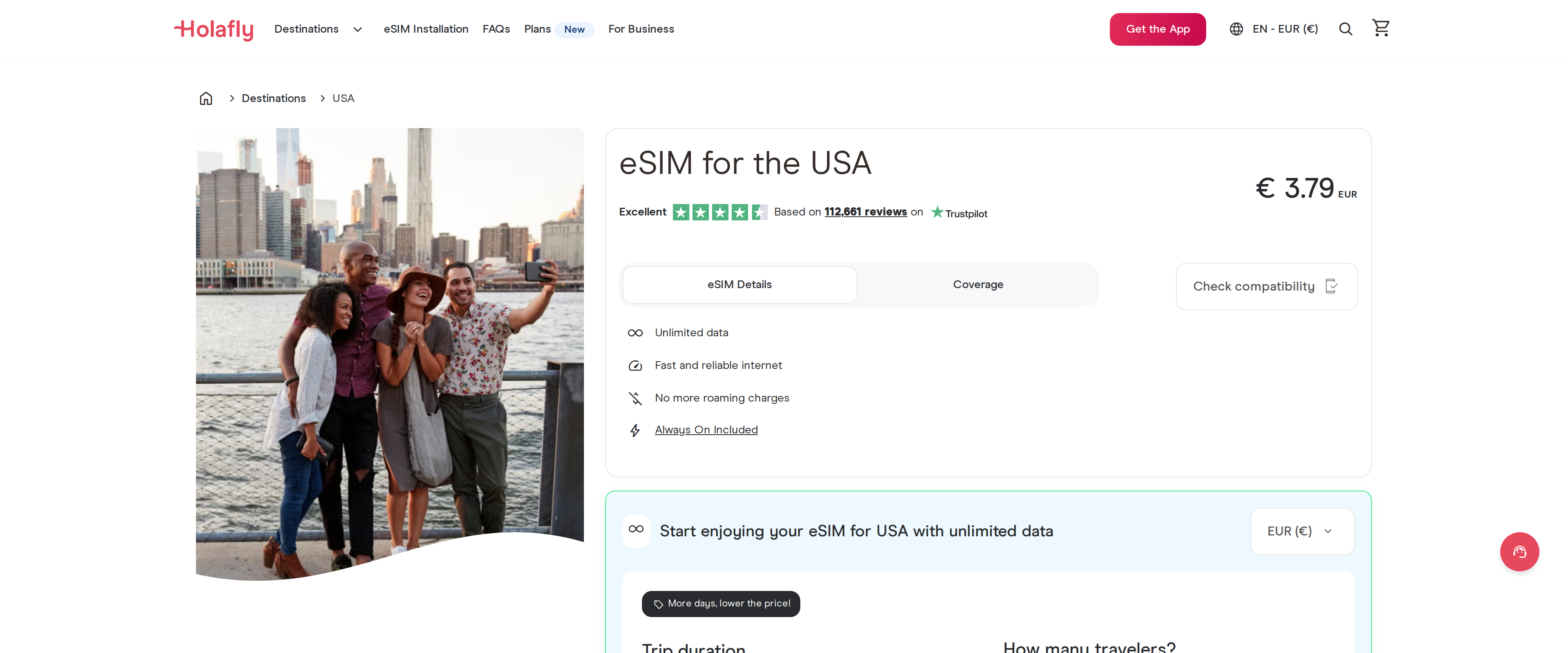 Holafly's eSIM USA plan page, based on 112,661 Trustpilot reviews, offering fast and reliable internet