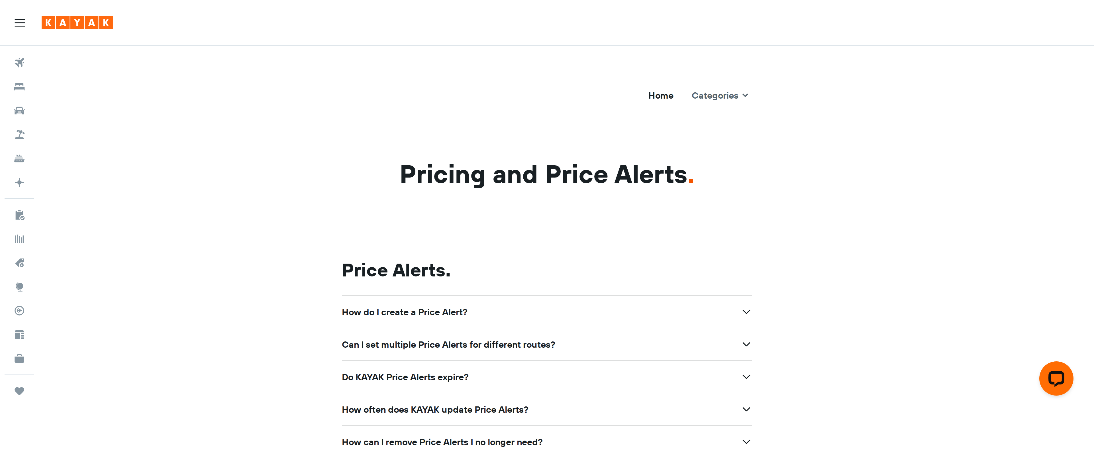 Kayak's official help page explaining pricing and how to set up Price Alerts