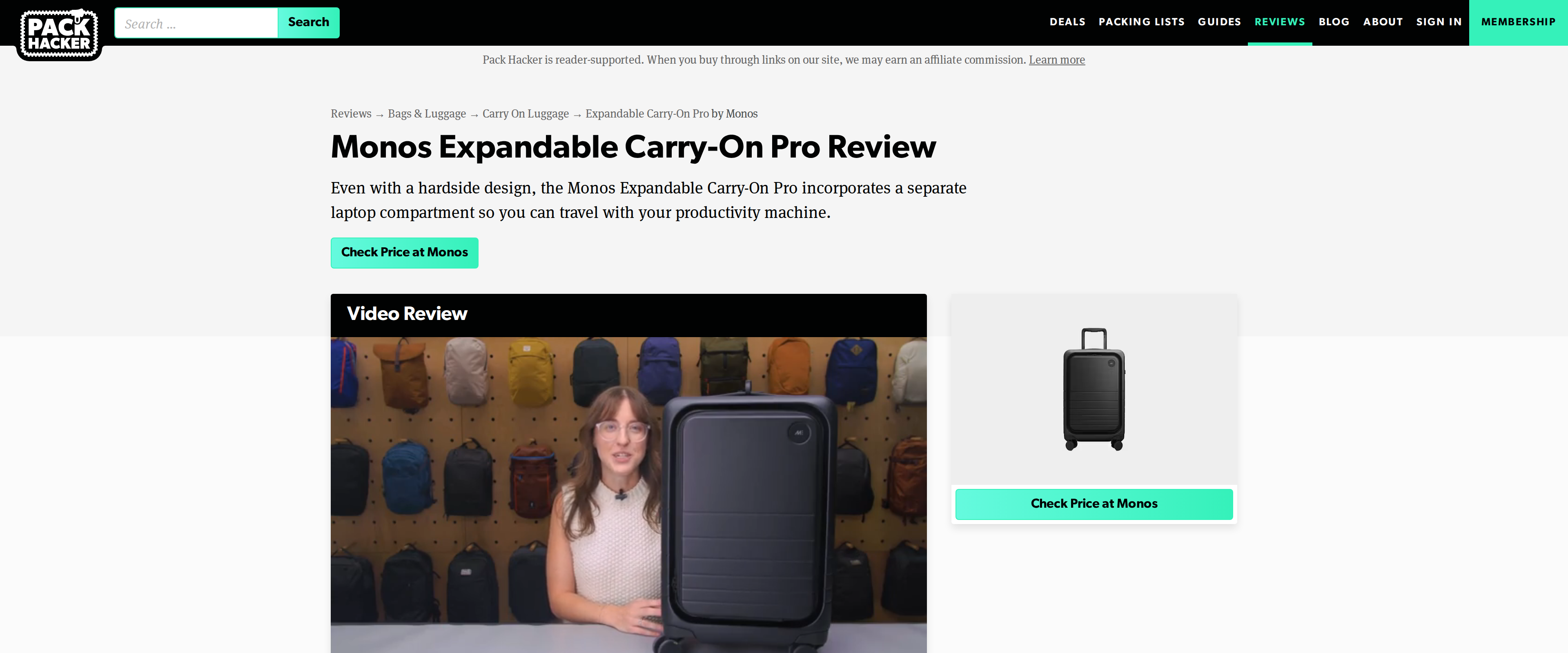 Monos Expandable Carry-On Pro review page from Pack Hacker, showing the case's front laptop compartment