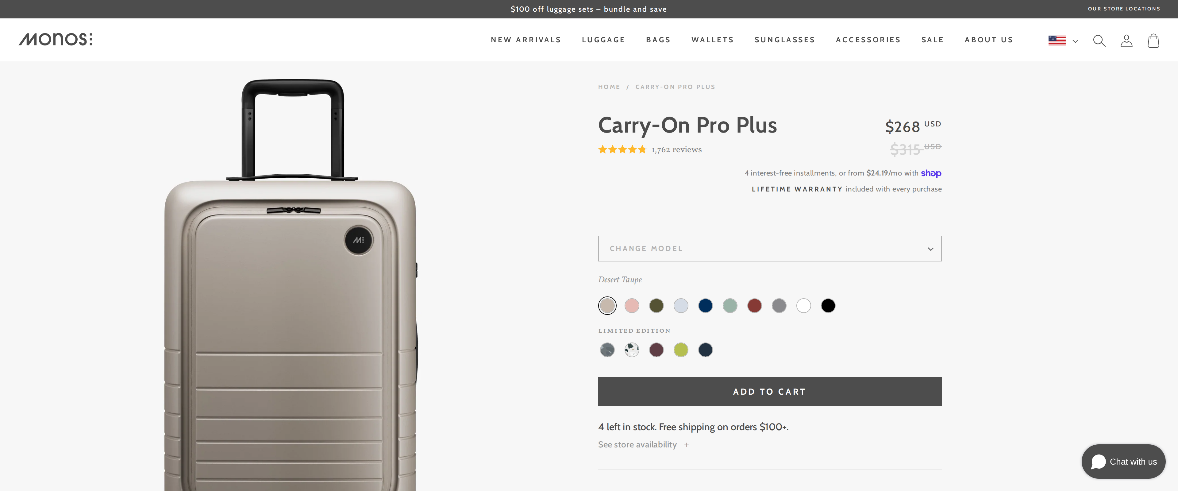 Monos Carry-On Pro Plus product page showing front, angled and side views in Desert Taupe, priced at $268 on sale from $315