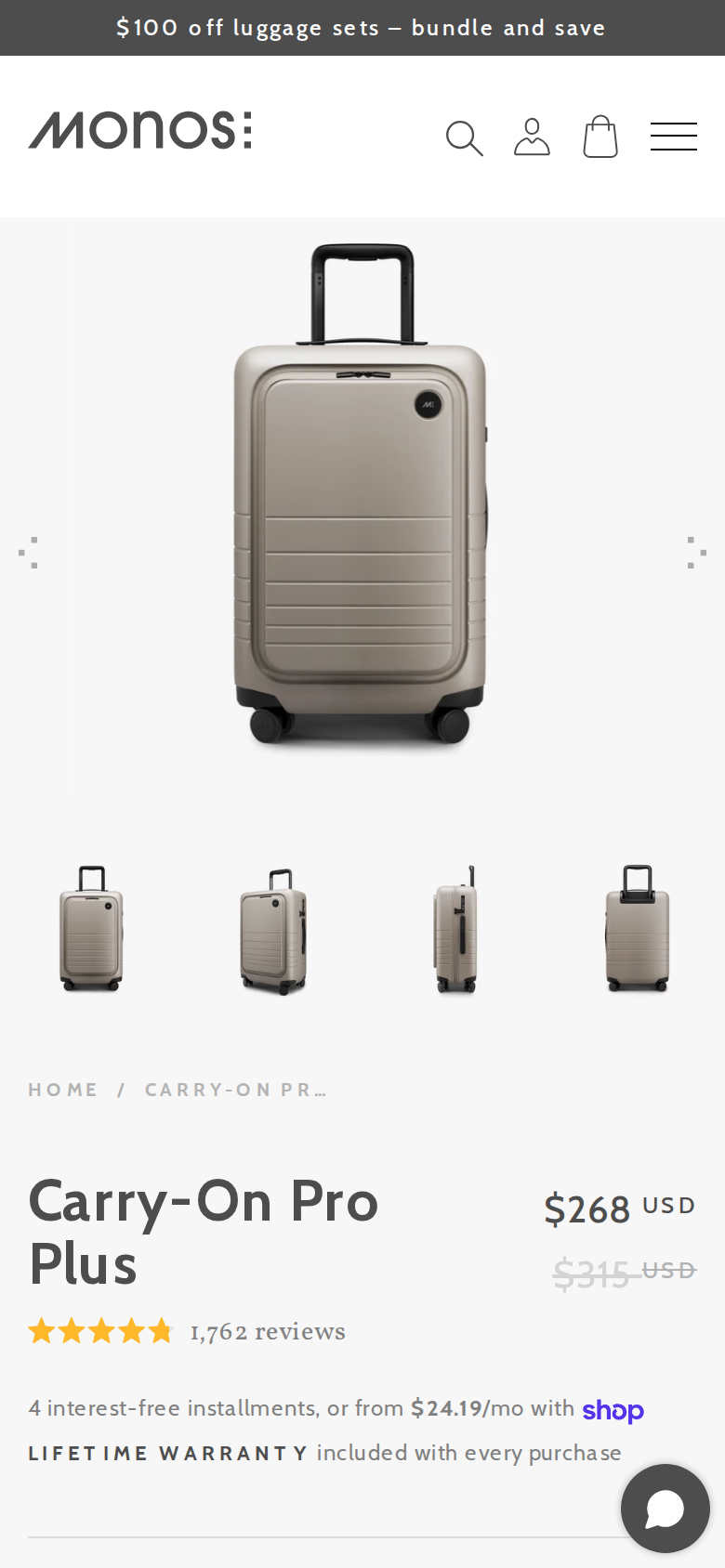 Monos Carry-On Pro Plus product page viewed on a phone, front angled and side views in Desert Taupe