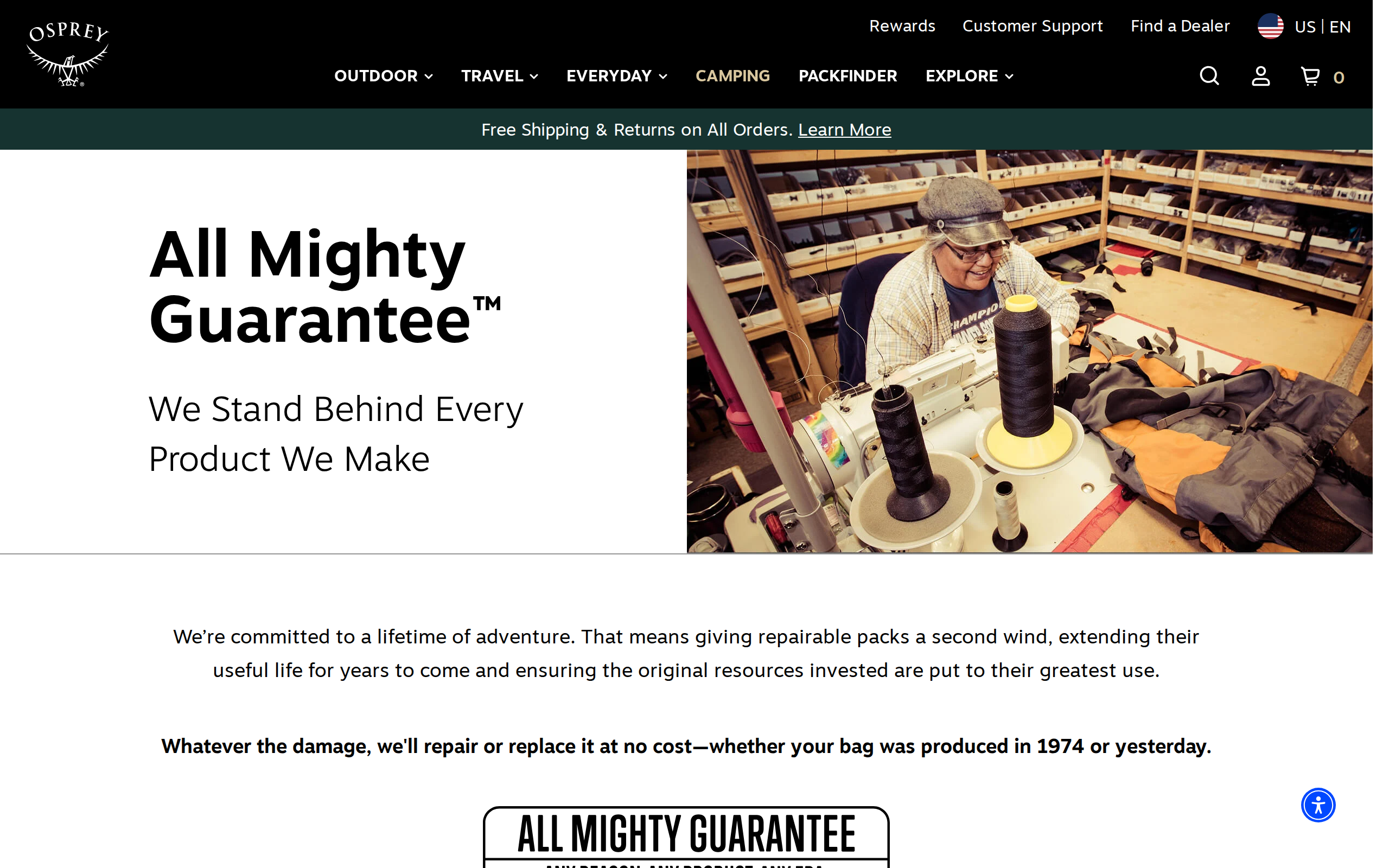 Osprey All Mighty Guarantee page reading We Stand Behind Every Product We Make, with a technician repairing a backpack