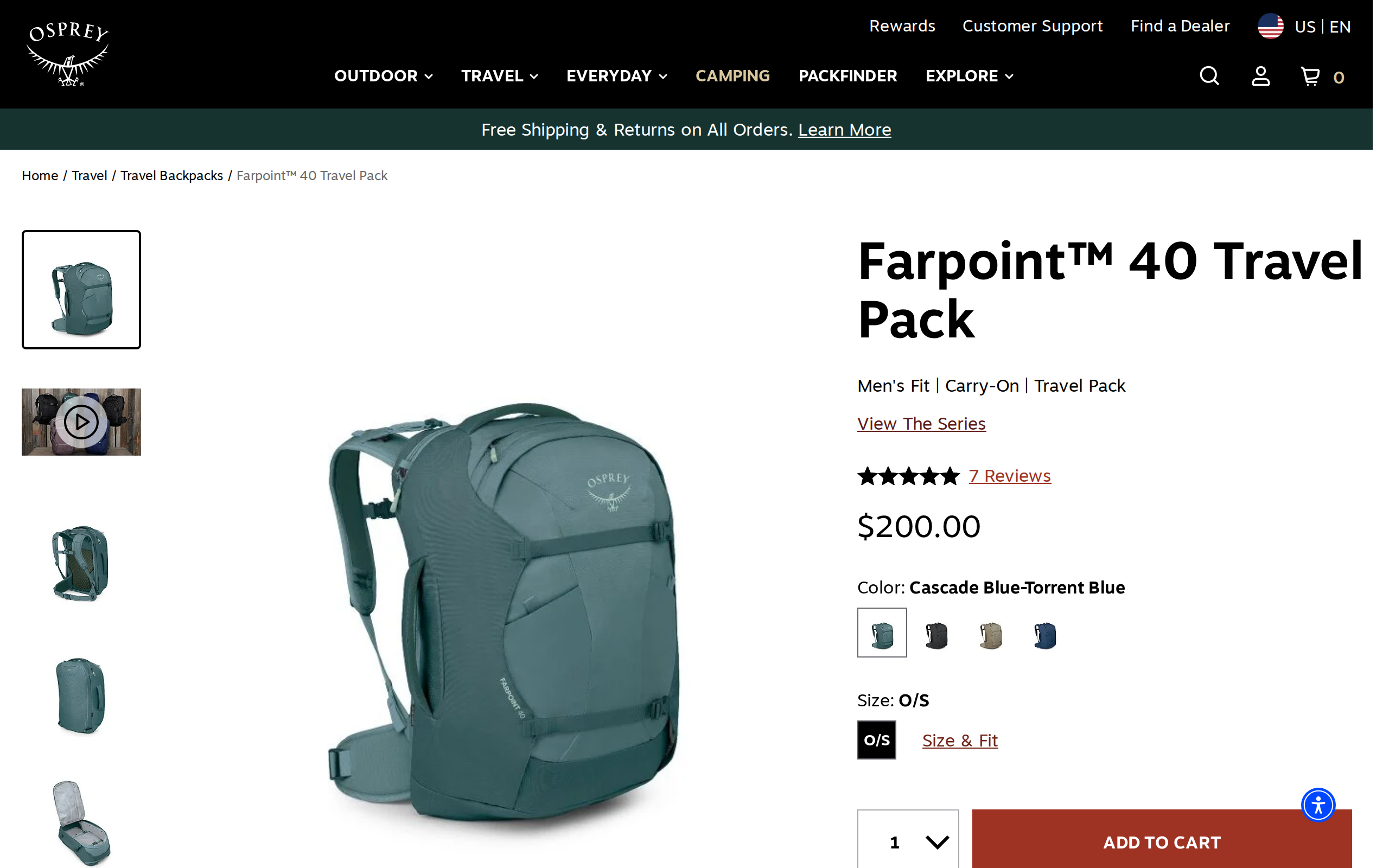 Osprey Farpoint 40 Travel Pack product page in Cascade Blue Torrent Blue, priced at $200.00