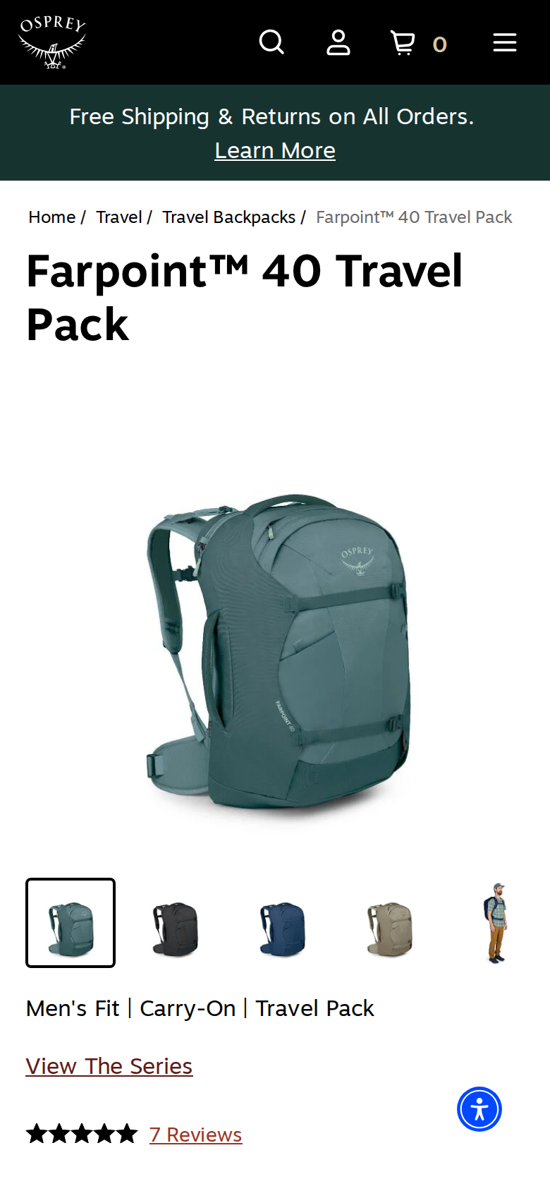 Osprey Farpoint 40 Travel Pack product page showing the pack in Cascade Blue Torrent Blue priced at $200.00