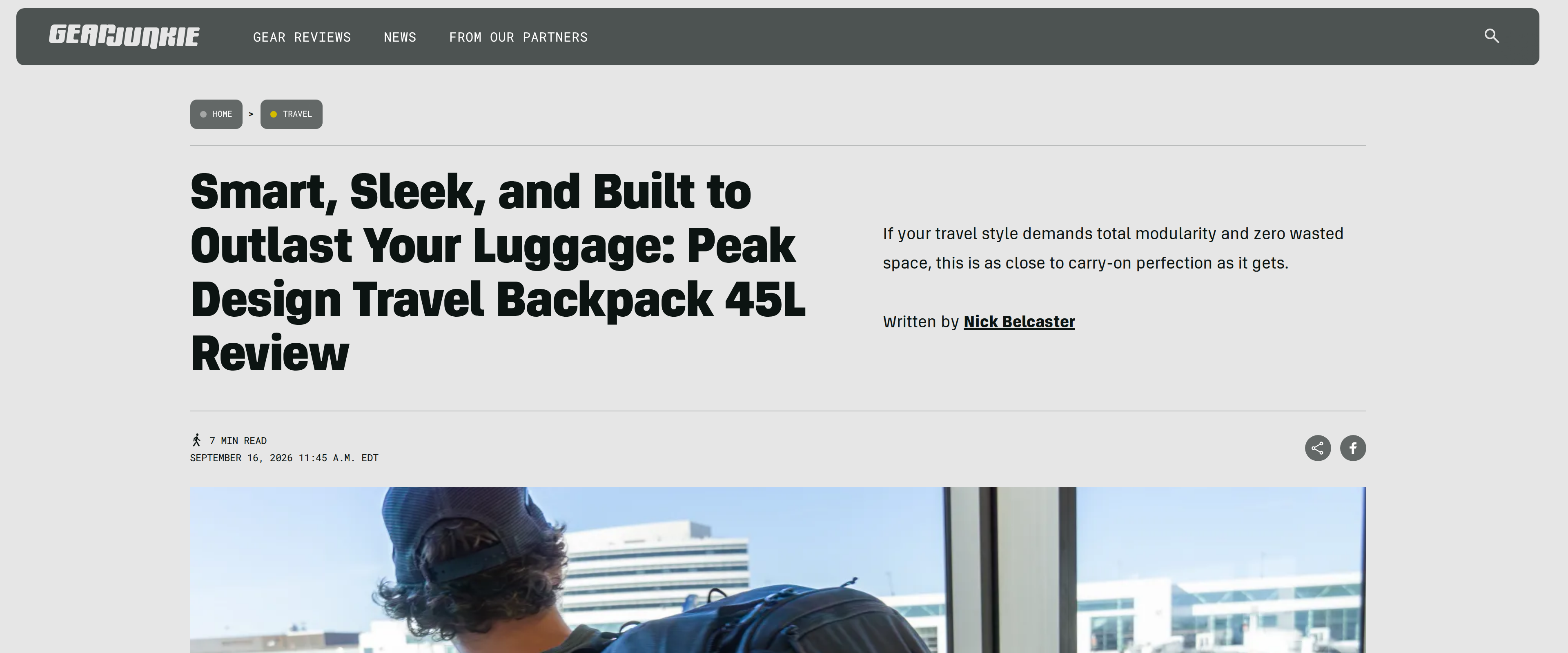 Peak Design Travel Backpack on the back of a traveler walking through Seattle International Airport