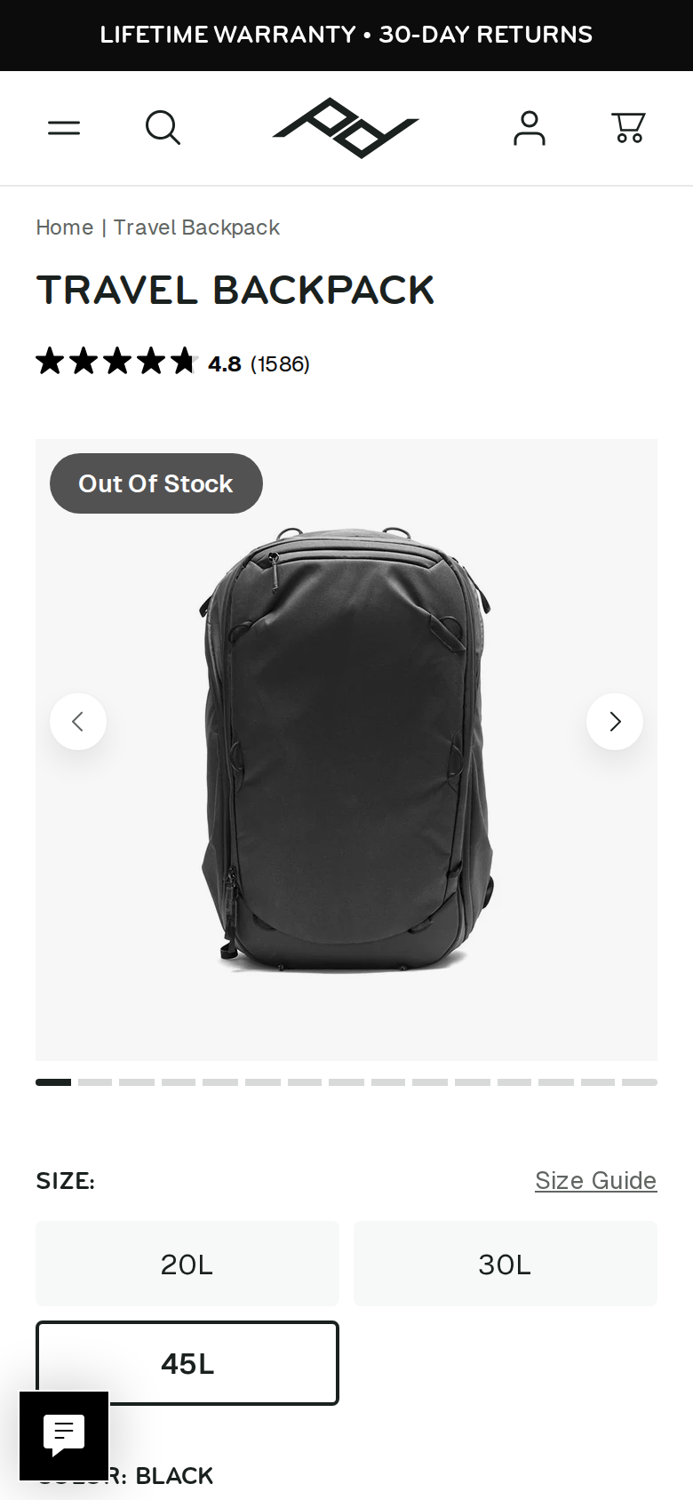Travel Backpack 45L product page viewed on a phone