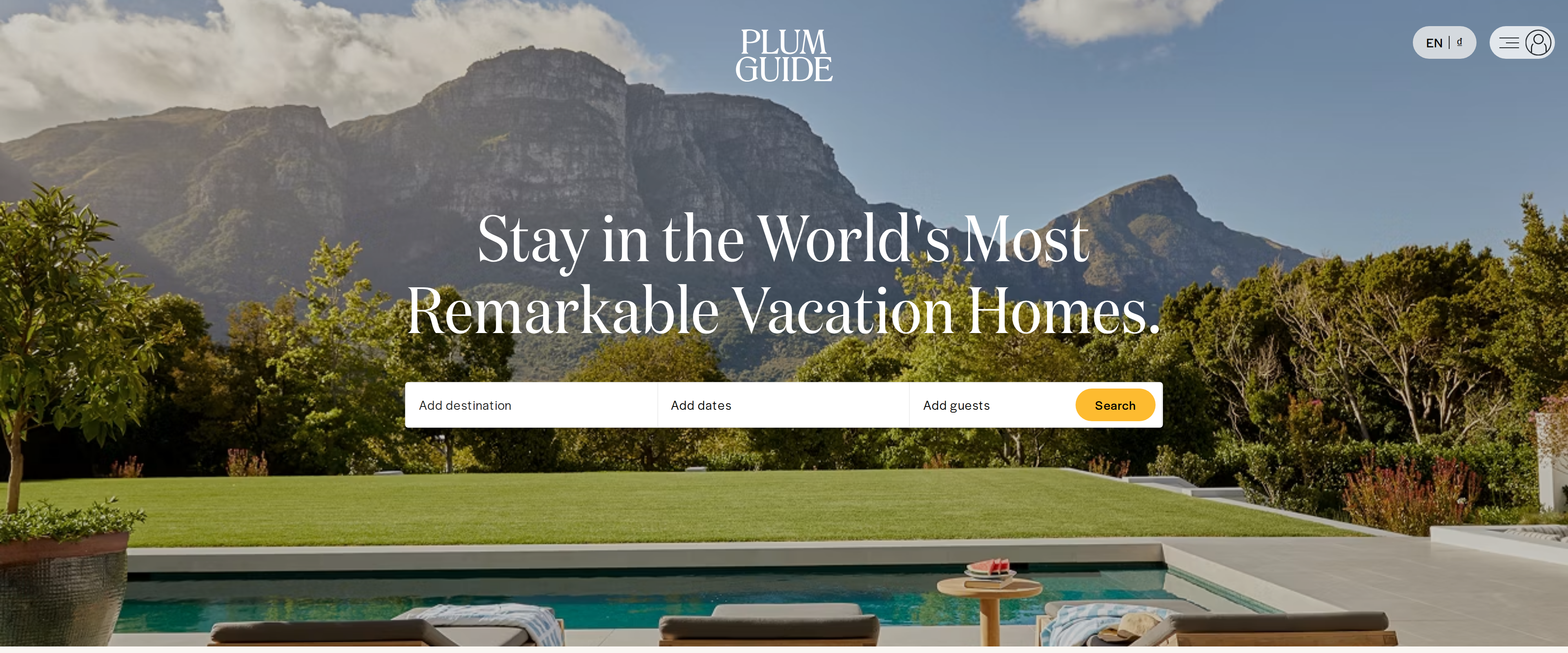 The Plum Guide homepage headline "Stay in the World's Most Remarkable Vacation Homes" over a pool terrace overlooking a mountain landscape
