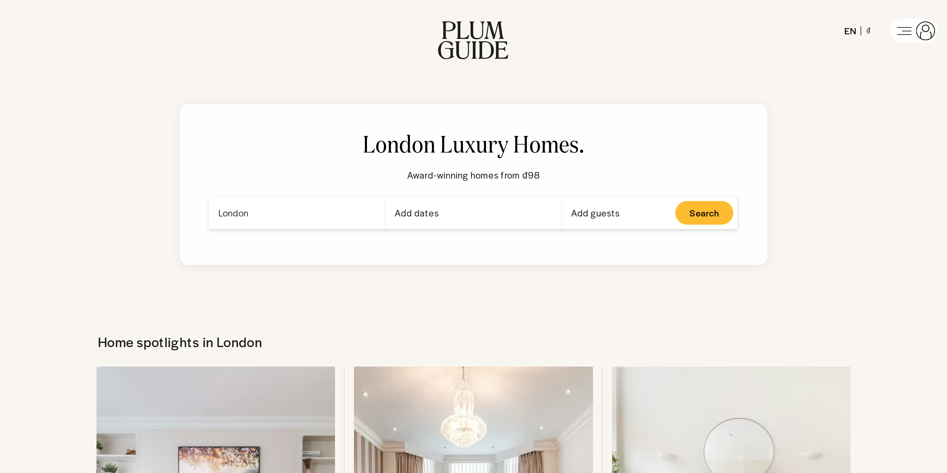 Plum Guide's London homes listing page showing individually named properties with photos