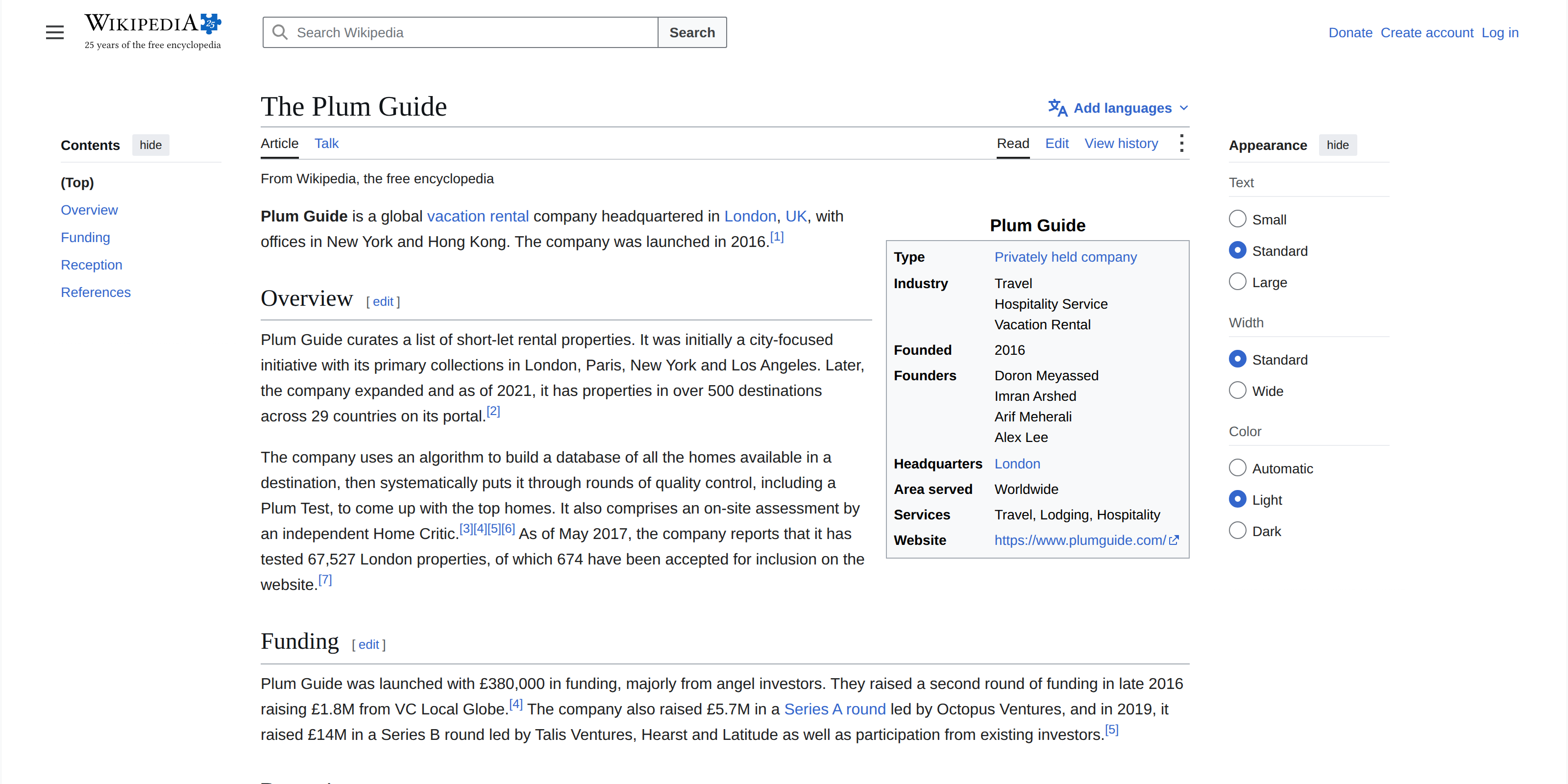 The Wikipedia entry for The Plum Guide showing its founders and funding history