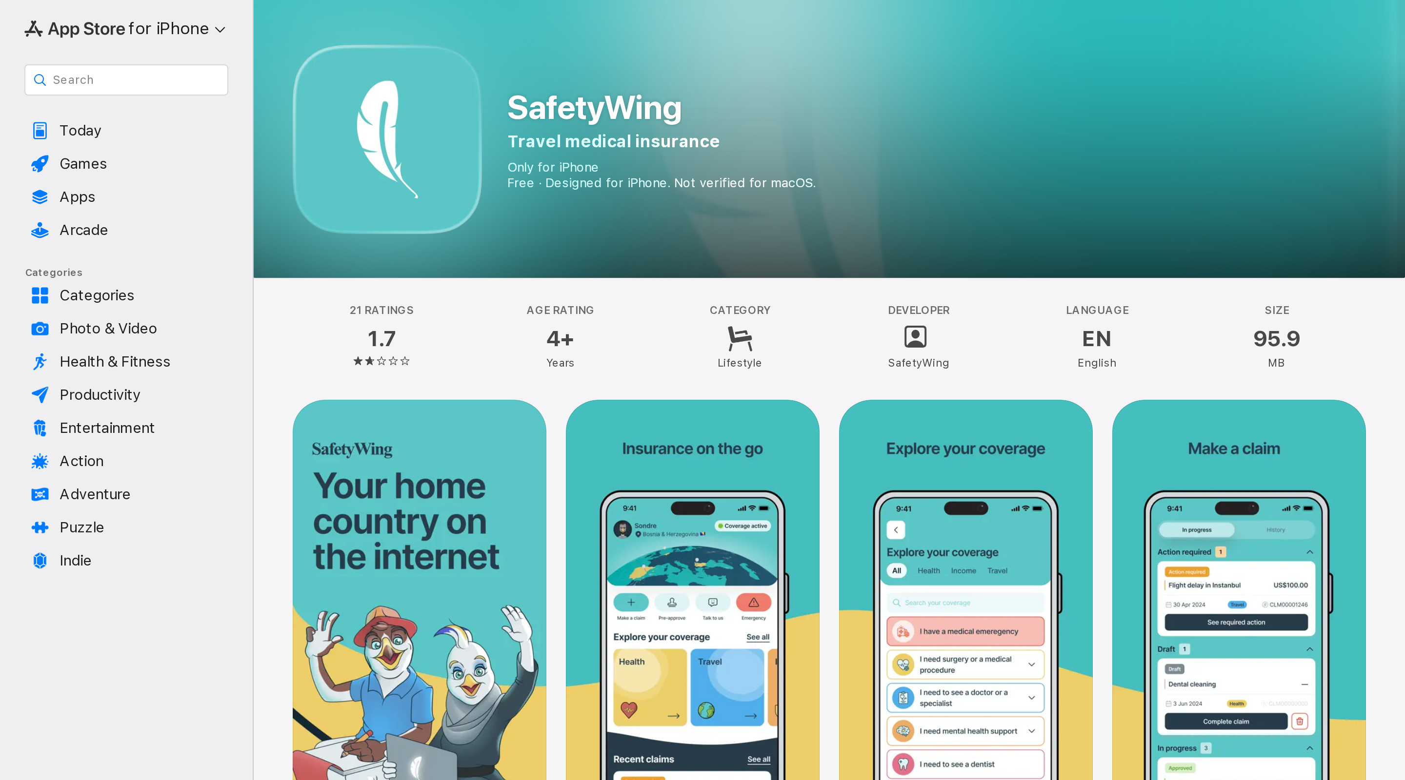 SafetyWing app listing on the Apple App Store showing the mobile claims interface