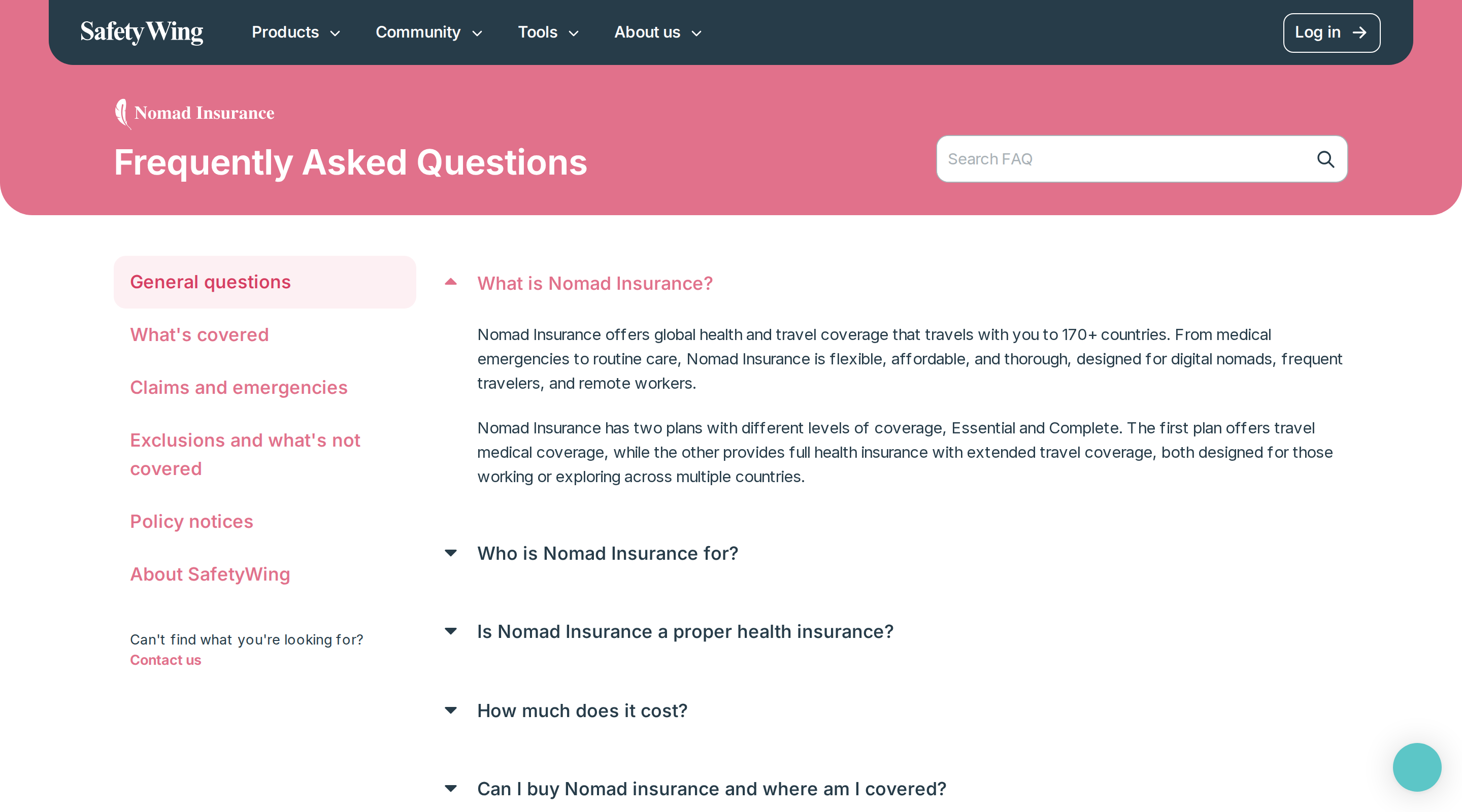 SafetyWing FAQ page explaining coverage and claims for Nomad Insurance