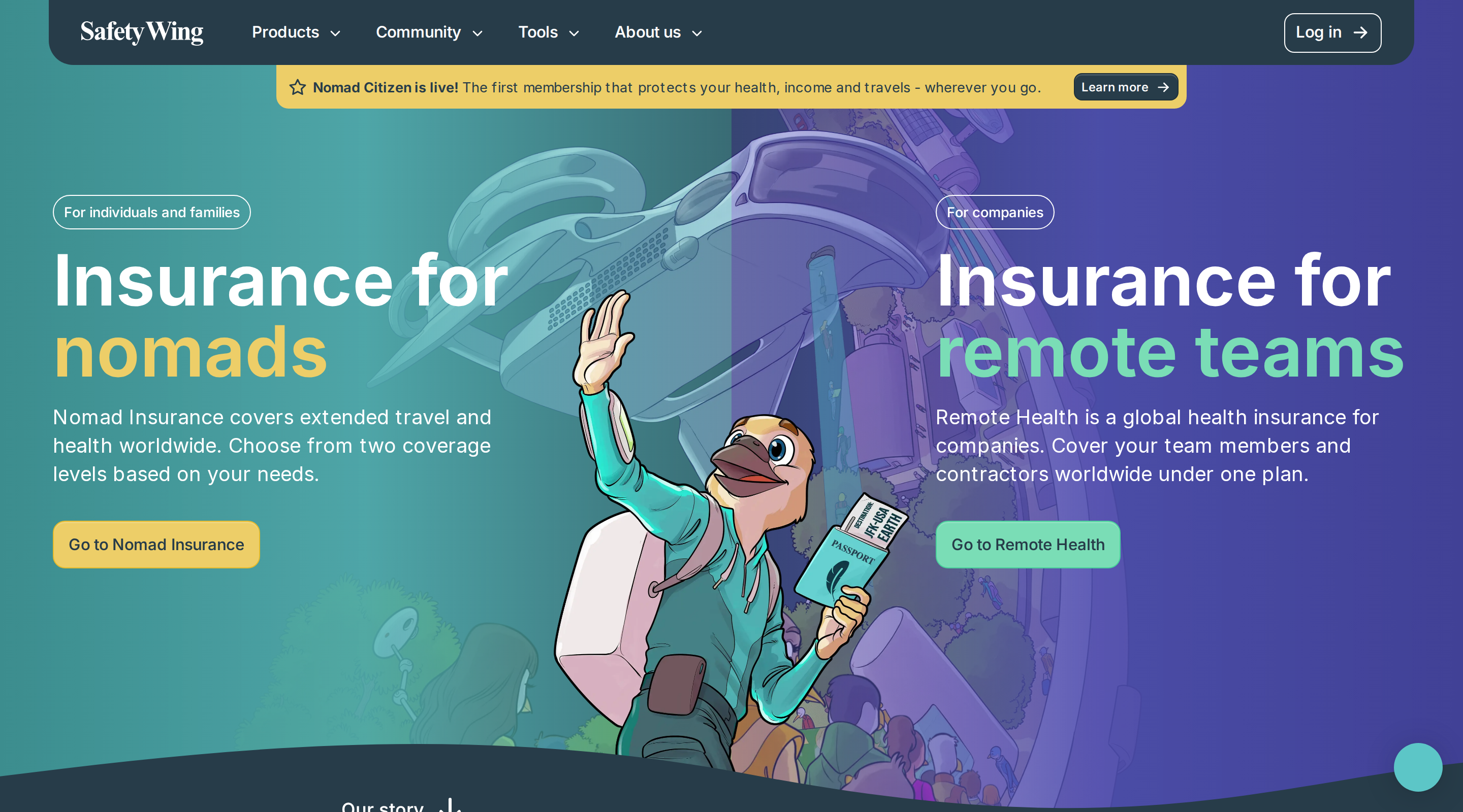 SafetyWing homepage section showing the choice between two coverage levels