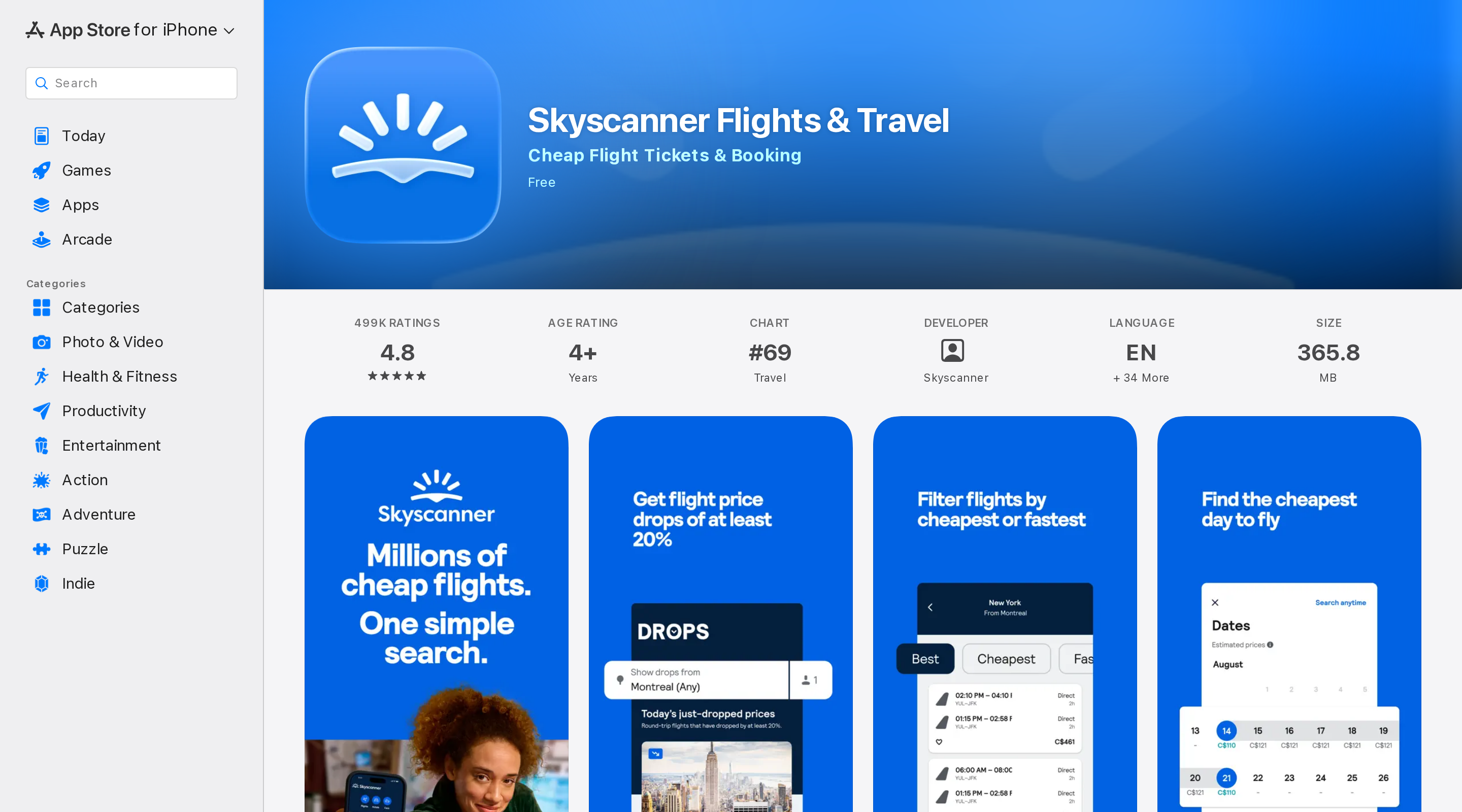 Skyscanner Flights and Travel App Store listing page