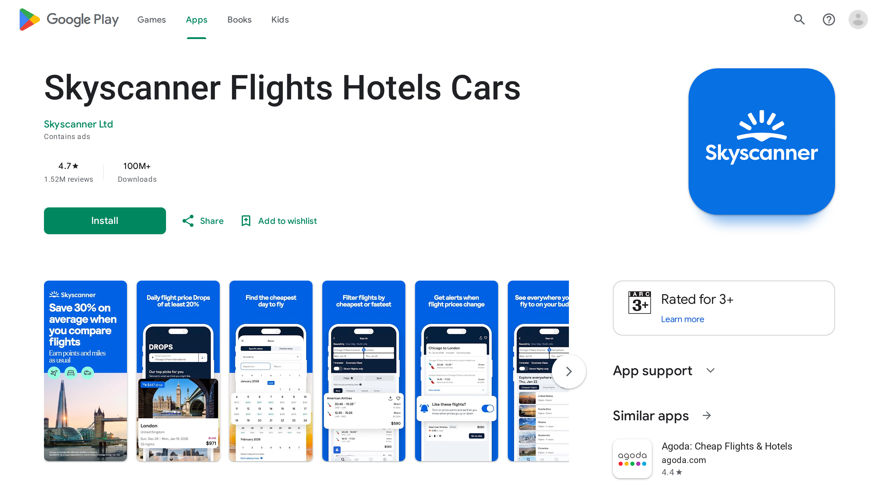 Google Play listing for Skyscanner Flights Hotels Cars, rated 4.7 from 1.52M reviews, with app screenshots of price drops and fare alerts