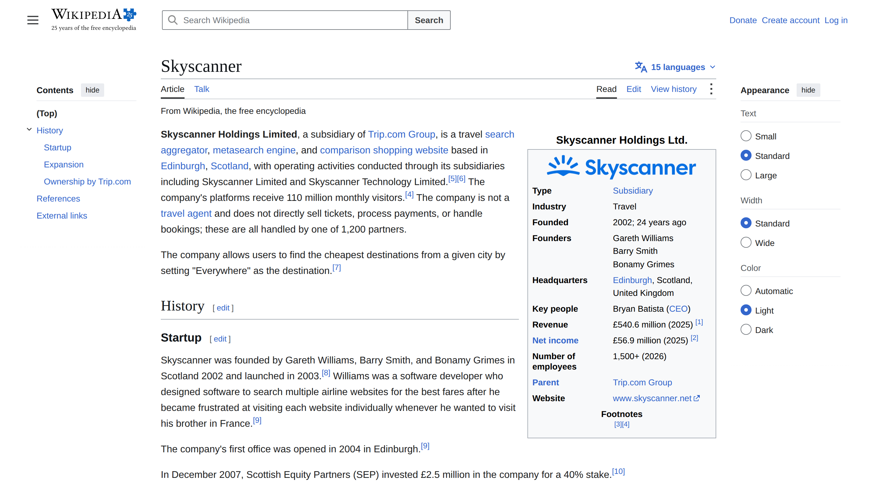 Wikipedia page detailing Skyscanner's company history and ownership