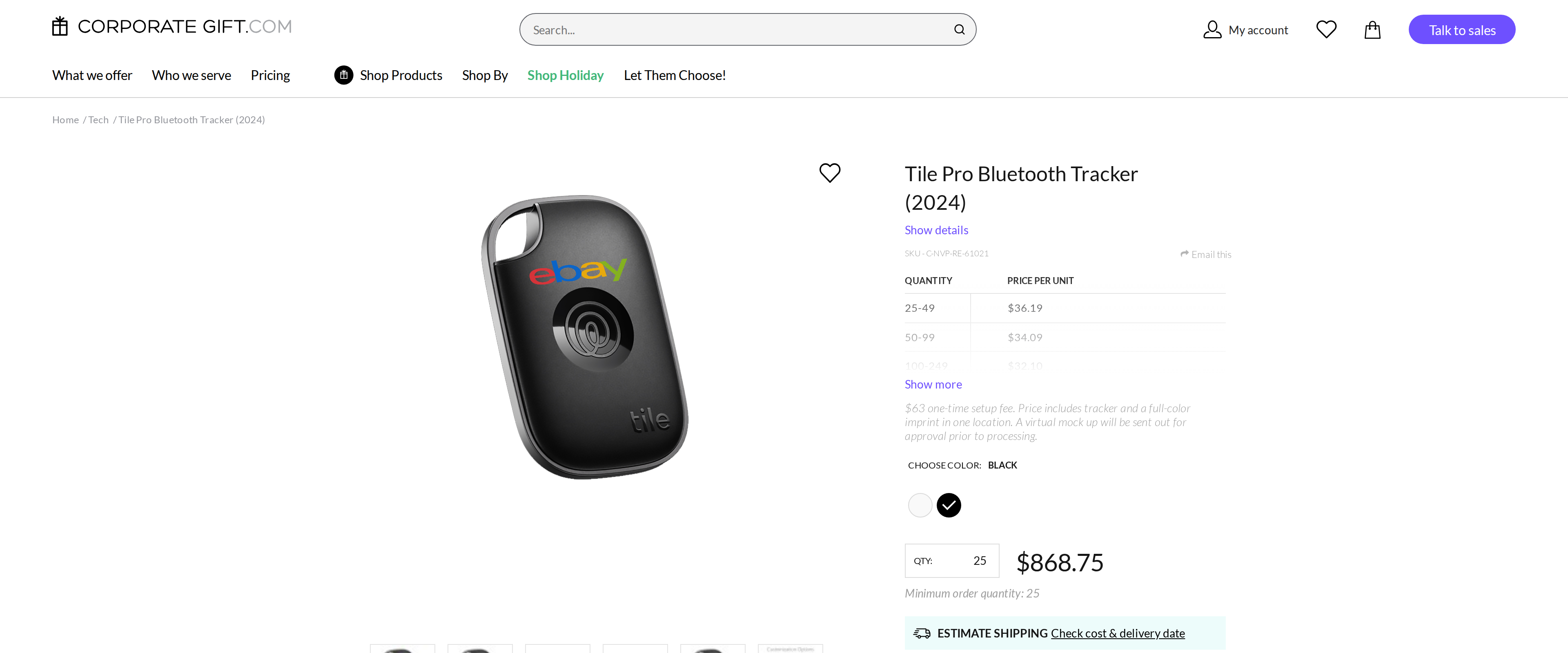 The Tile Pro Bluetooth Tracker (2024) product listing page showing the white tracker and its price