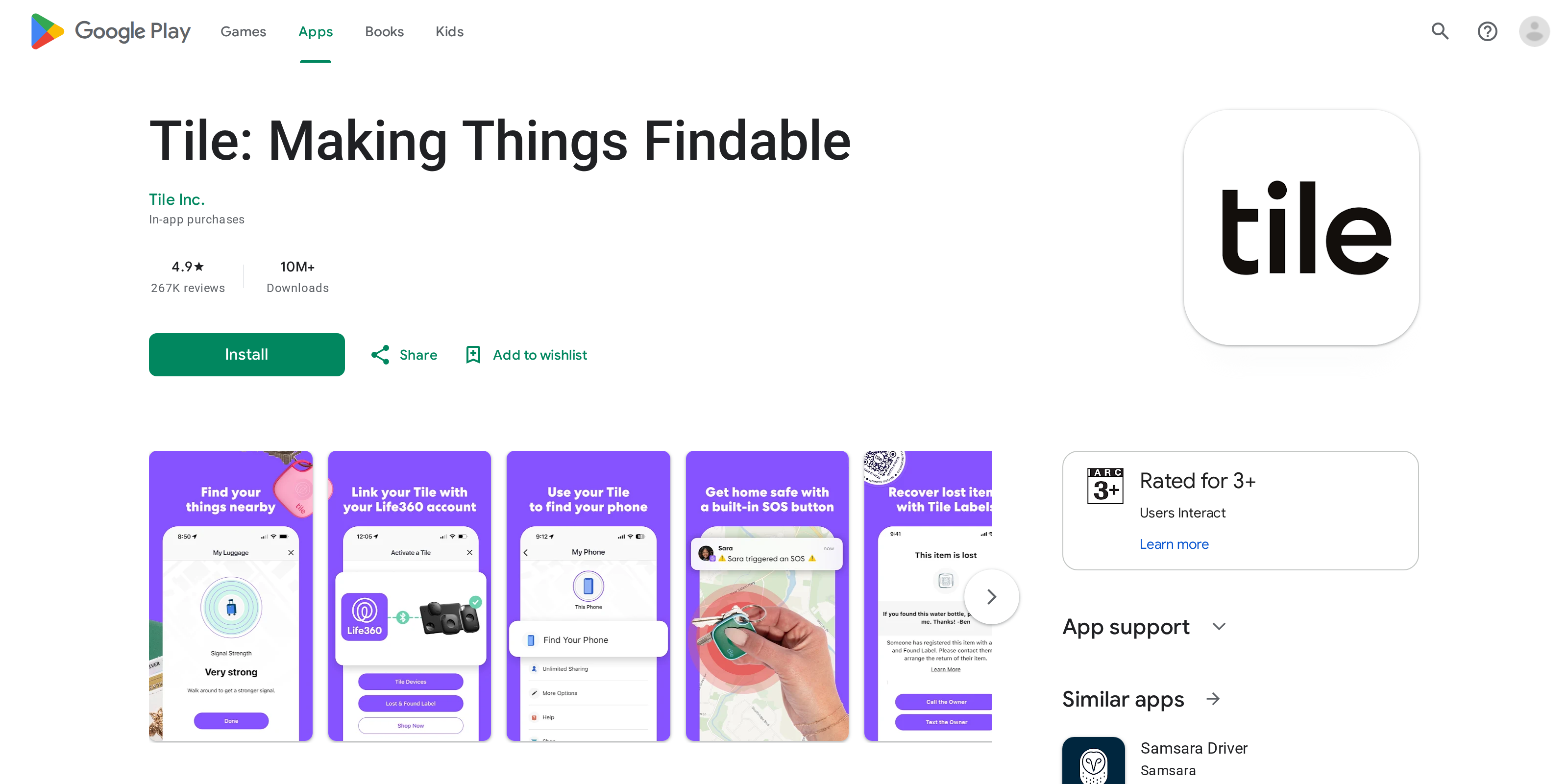 The Tile app listing on the Google Play Store, showing its rating and support links