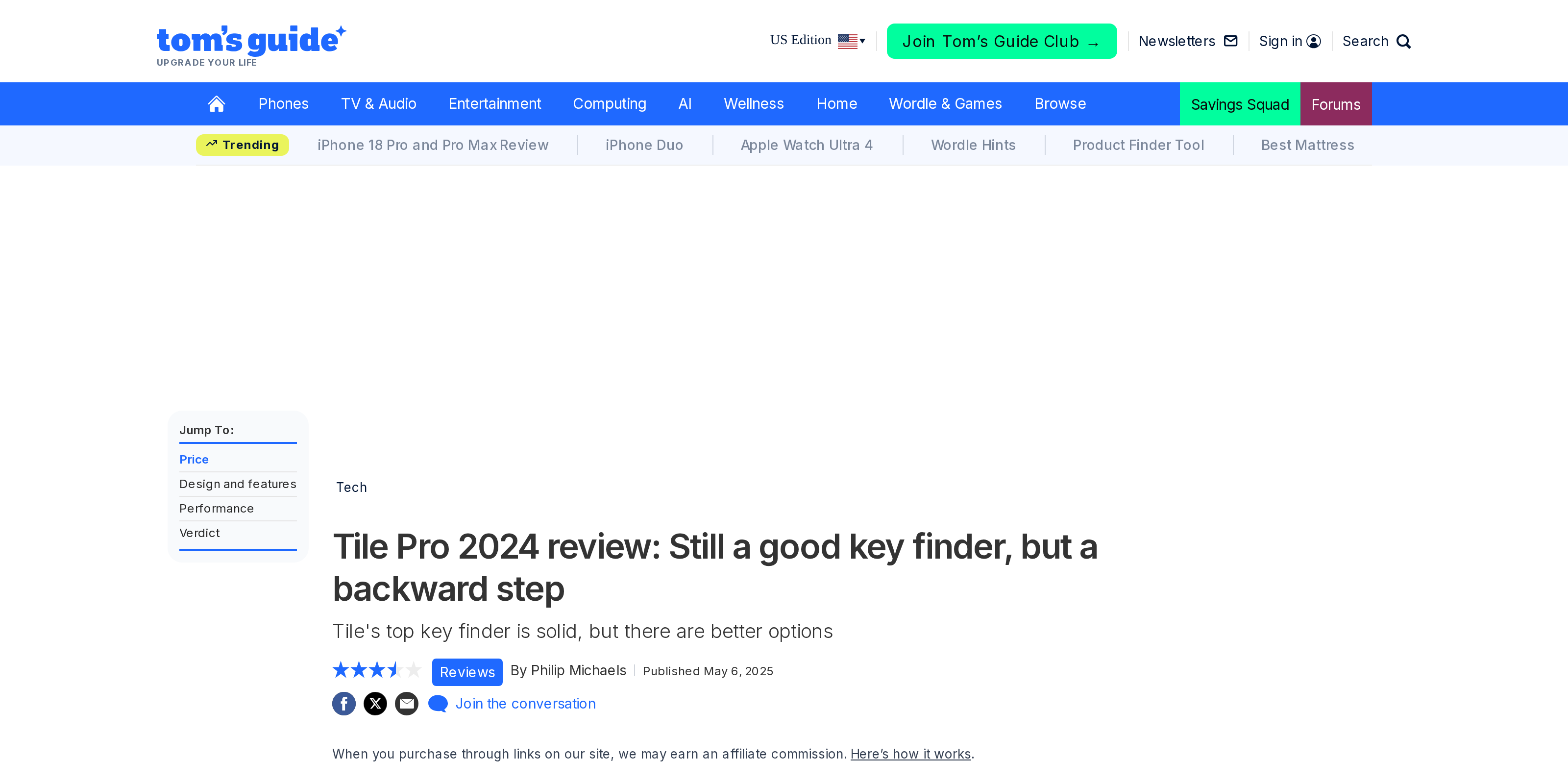 Tile Pro 2024 review headline reading "Still a good key finder, but a backward step" from Tom's Guide