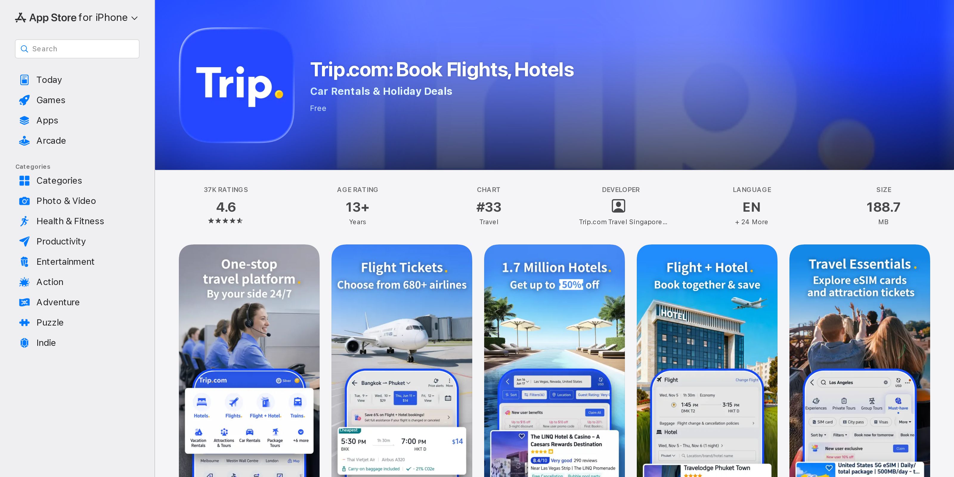The Trip.com listing on the Apple App Store showing its icon, name, and three screenshots of the booking app
