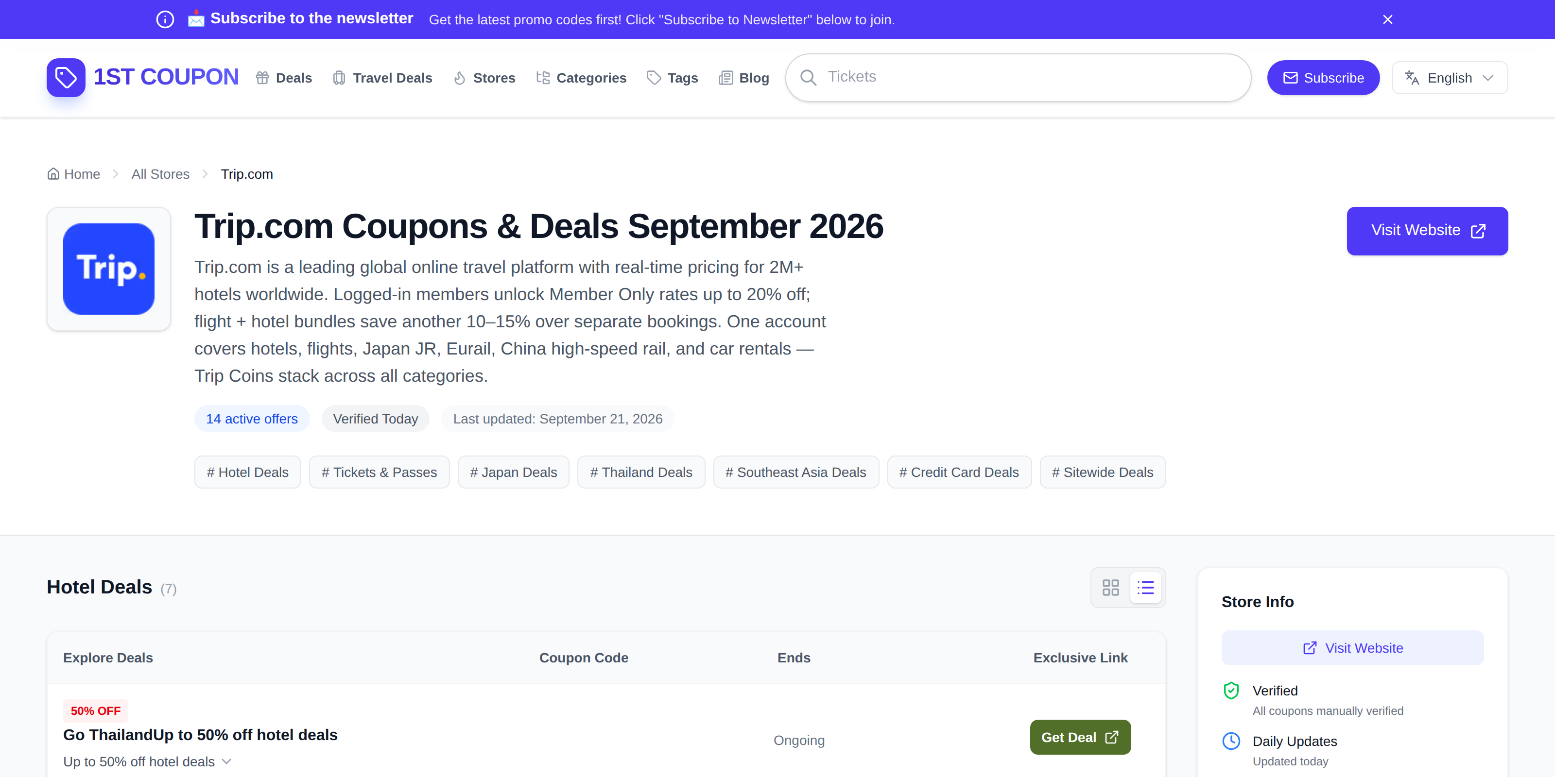 A third-party deals page listing Trip.com's hotel coupons and describing its member-only rates