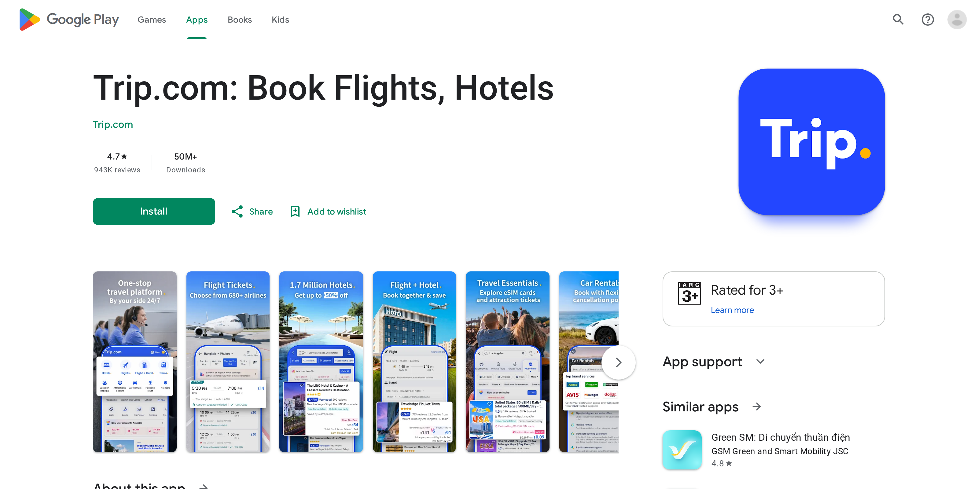 The Trip.com app listing on Google Play showing its name, Book Flights, Hotels, and app icon