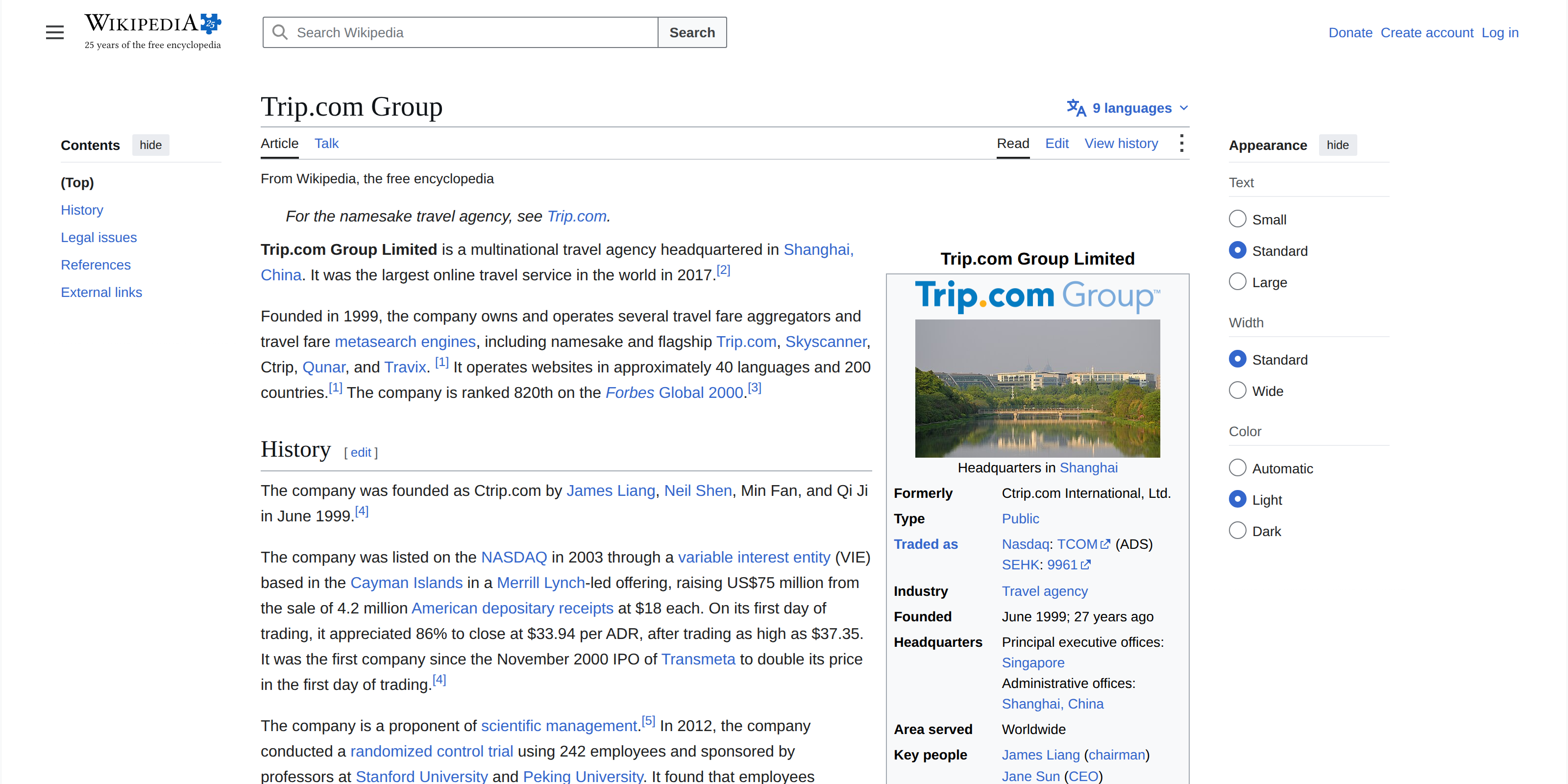 The Trip.com Group Wikipedia infobox showing the company's history, stock listings, and brand portfolio