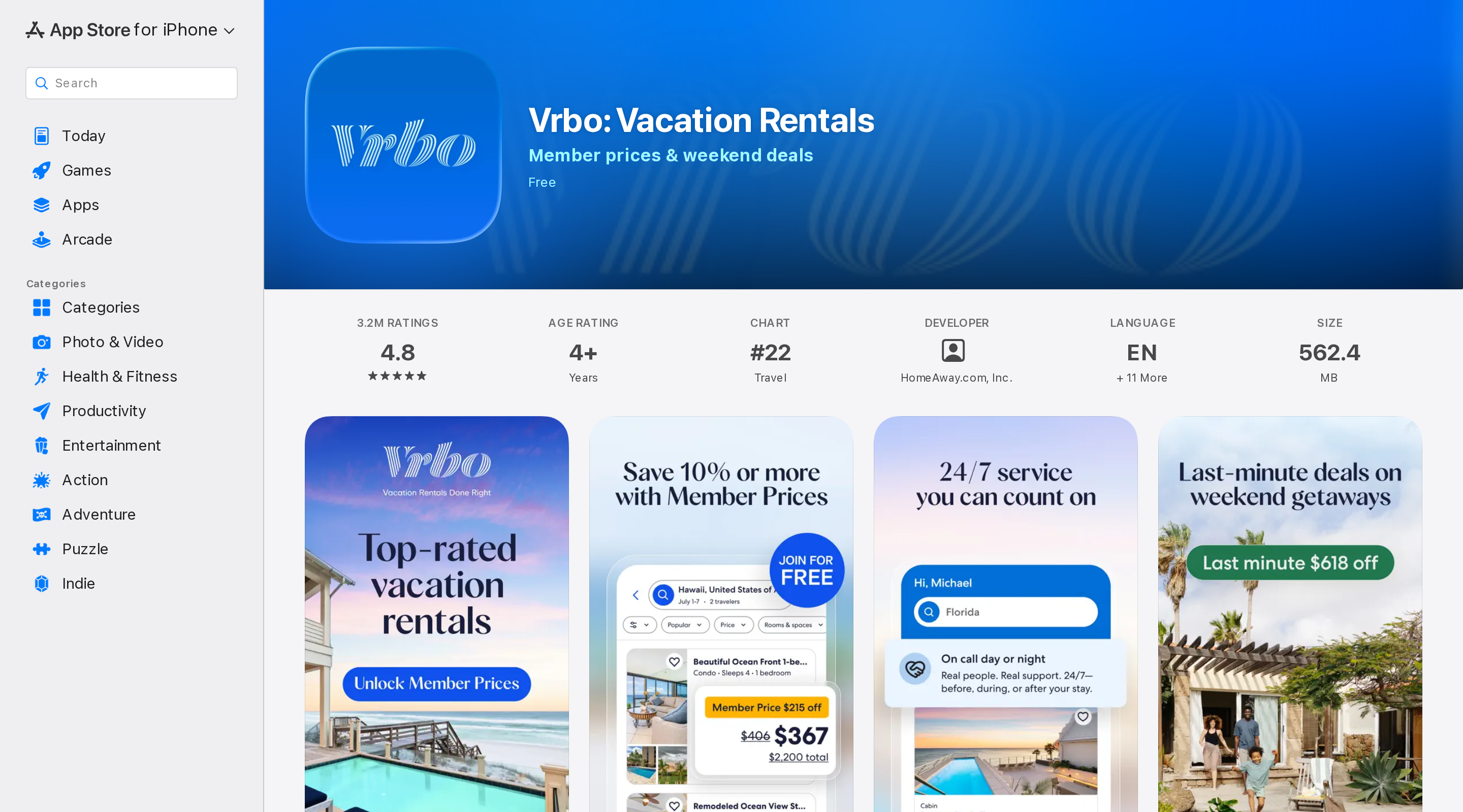 Vrbo Vacation Rentals App Store listing page