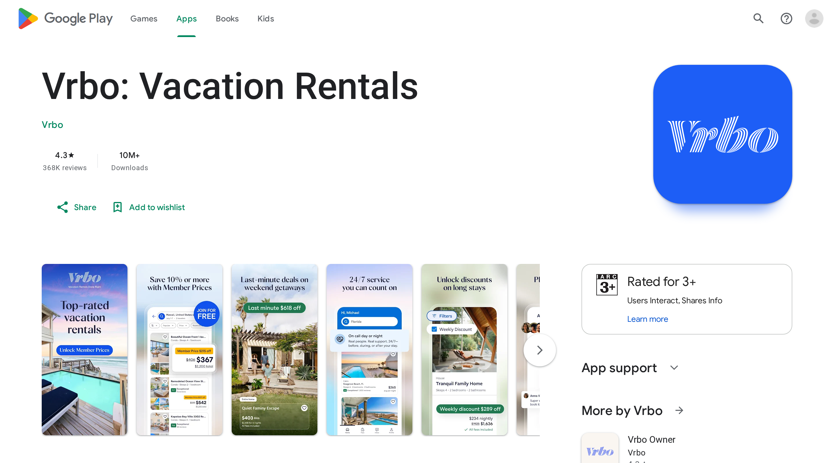 Vrbo app listing on the Google Play store showing screenshots of the mobile interface