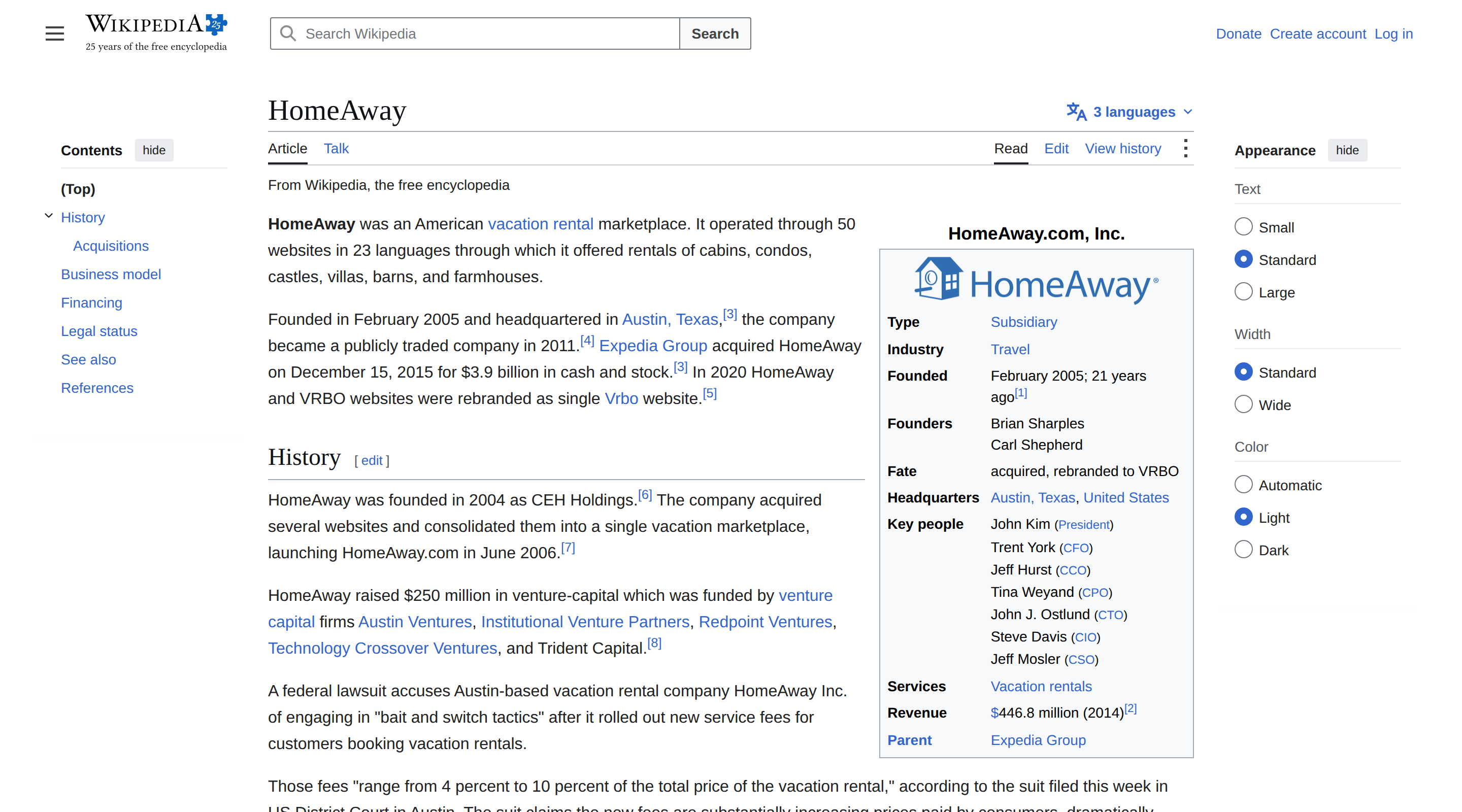 Wikipedia entry covering the history of HomeAway, the company that became Vrbo