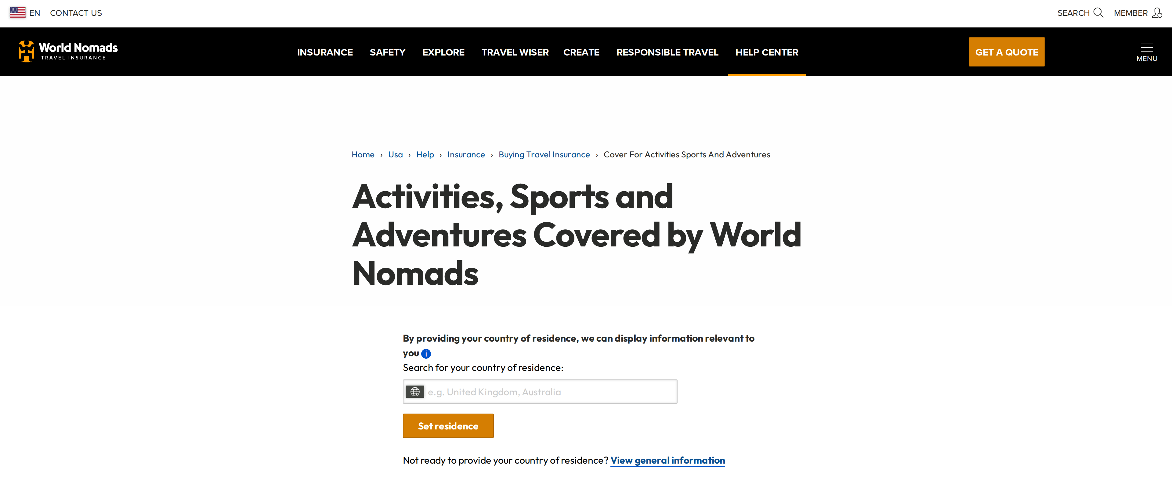 Activities, sports and adventures covered by World Nomads, a page listing eligible activities