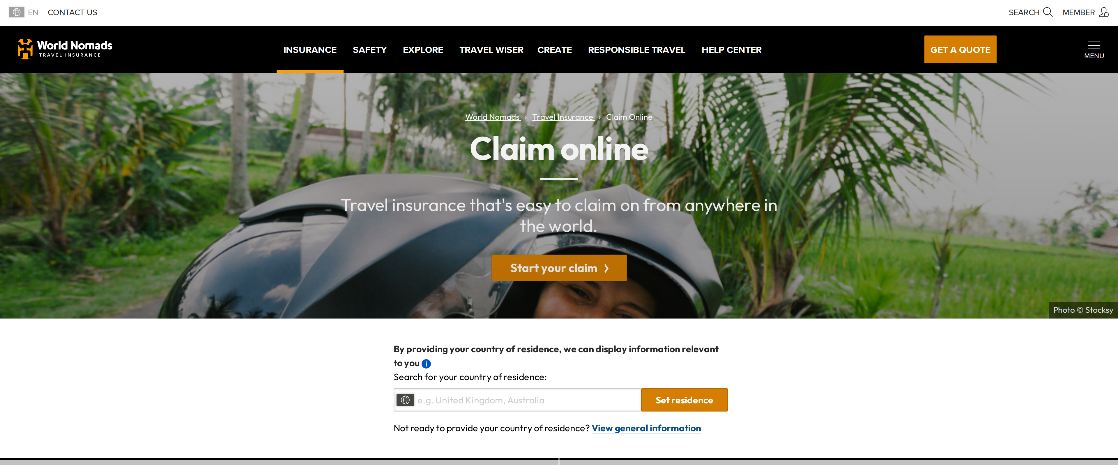Claim online page on the World Nomads website, filing travel insurance claims from anywhere