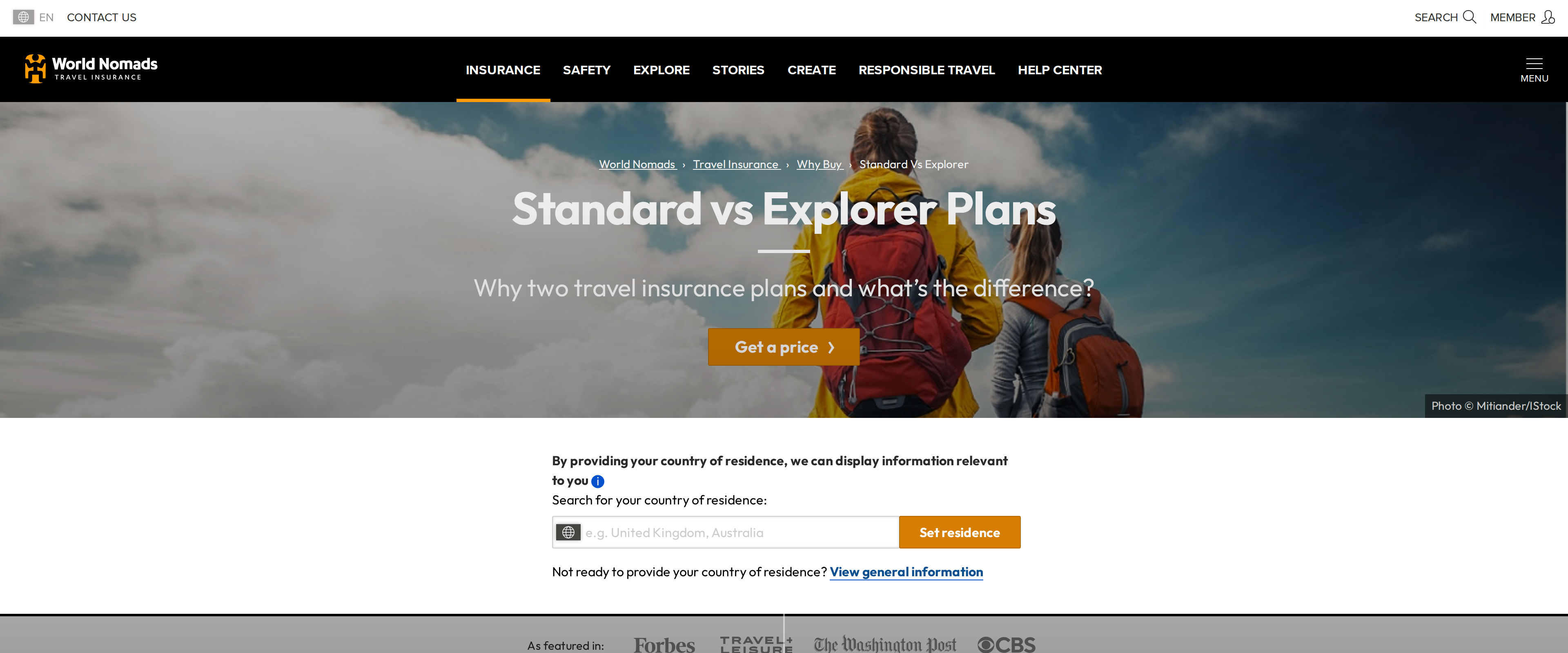 Standard vs Explorer plans comparison page on the World Nomads website