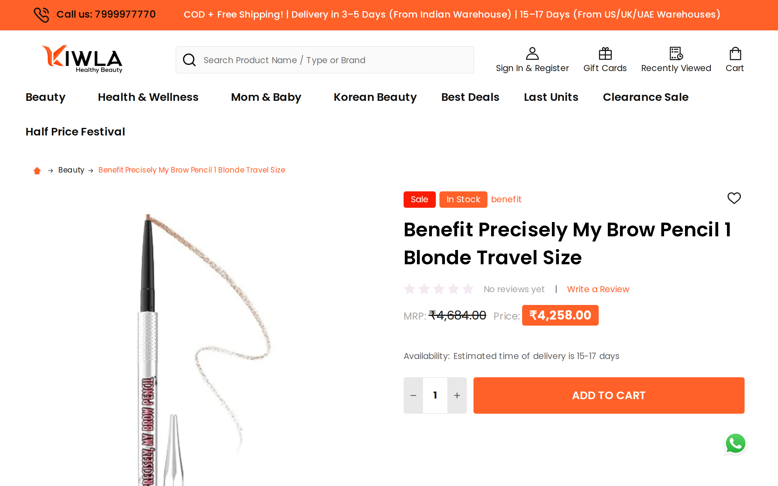 Kiwla listing for a Benefit Precisely My Brow Pencil in shade 1 Blonde, travel size