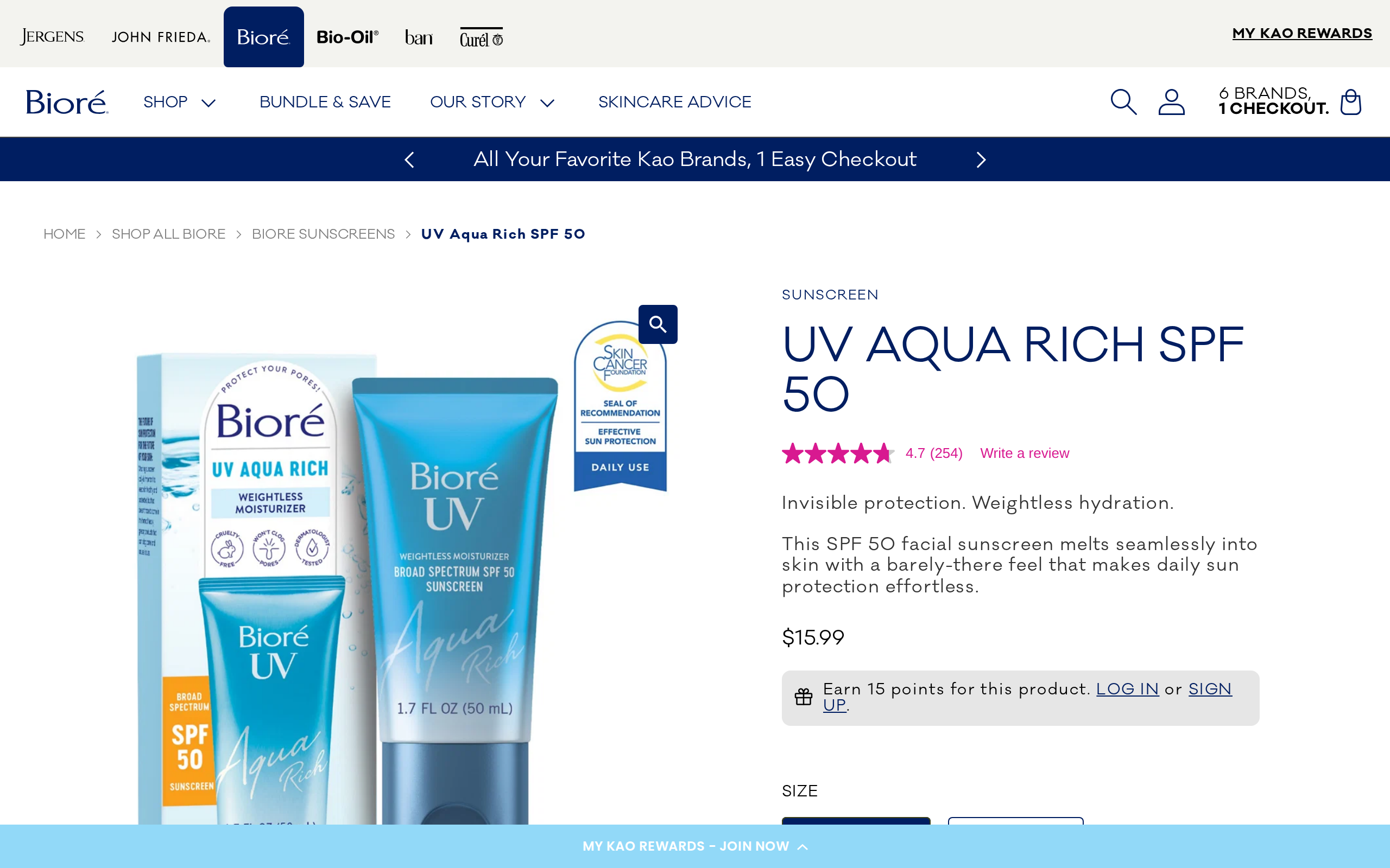 Biore's US product page for UV Aqua Rich SPF 50 with three product images and prices of $35 and $15.99