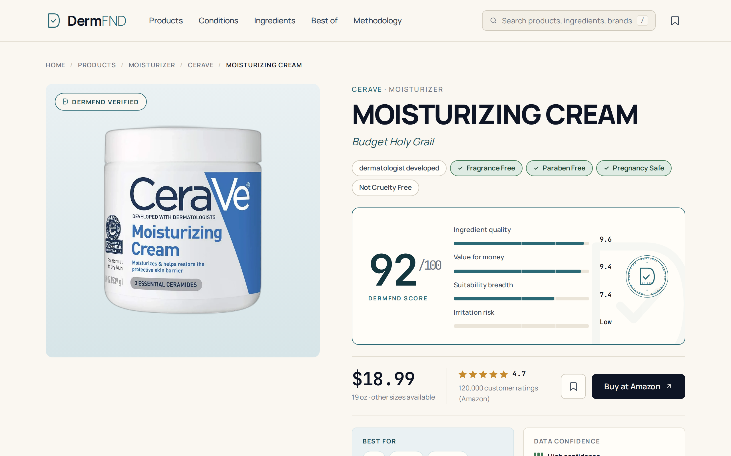 DermFND's review page for CeraVe Moisturizing Cream