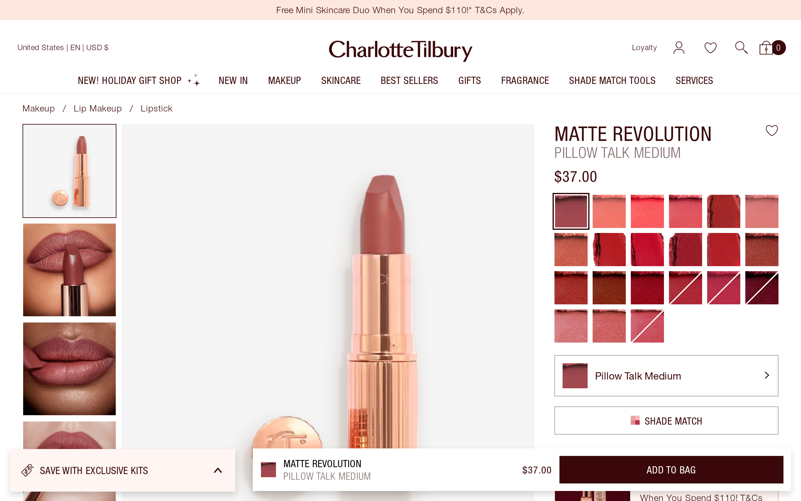 Charlotte Tilbury product page for Matte Revolution Pillow Talk Medium showing an open berry-pink lipstick in a golden case, priced $37.00
