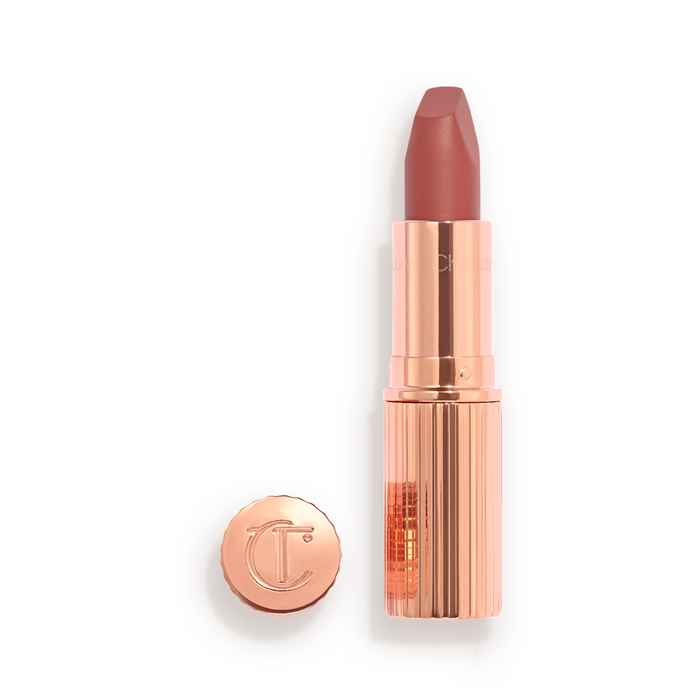 Pillow Talk Medium lipstick, opened, in its golden case