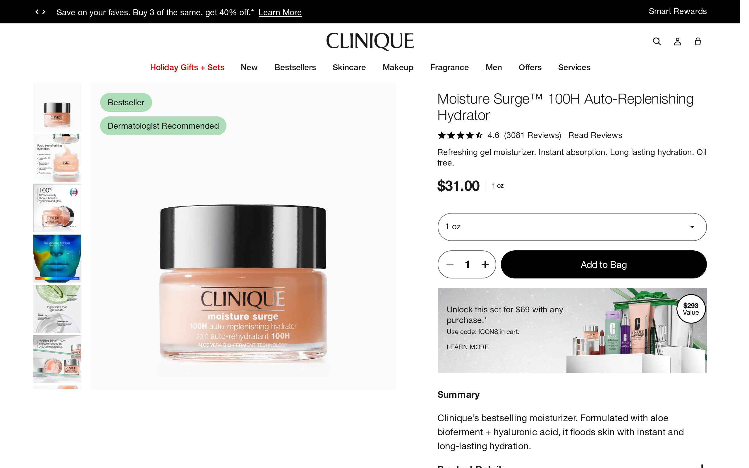 Clinique product page for Moisture Surge 100H Auto-Replenishing Hydrator with the summary heading and prices
